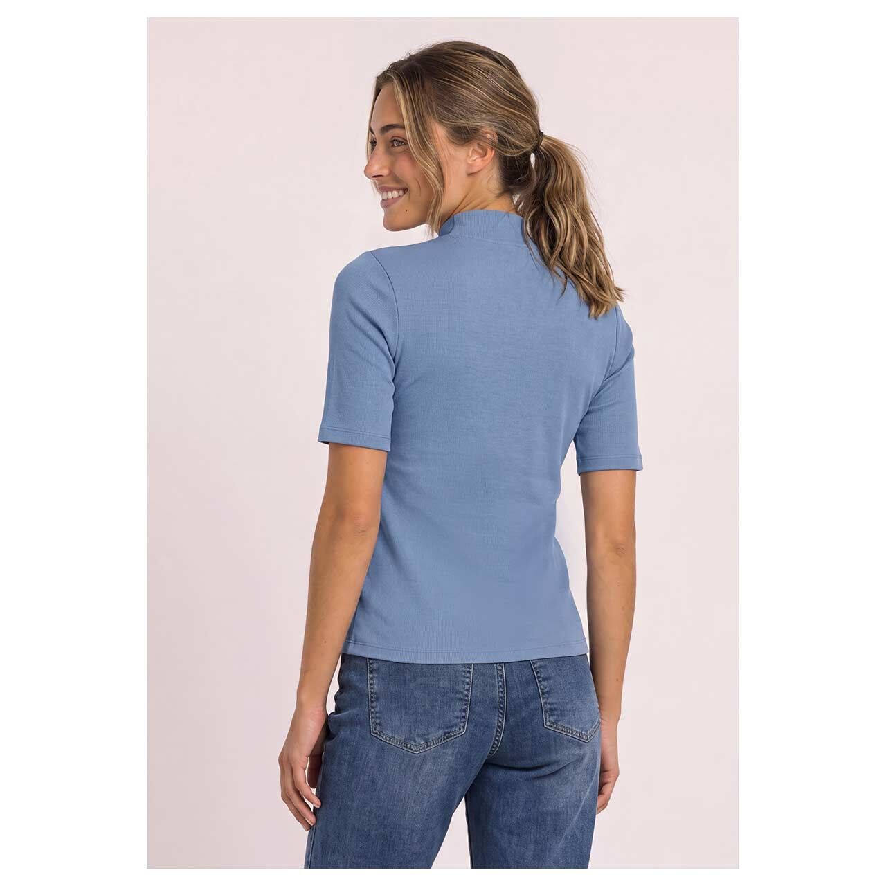 Damen T-Shirt Rib Turtle Neck von Street One in Hellblau, Rückansicht am Model