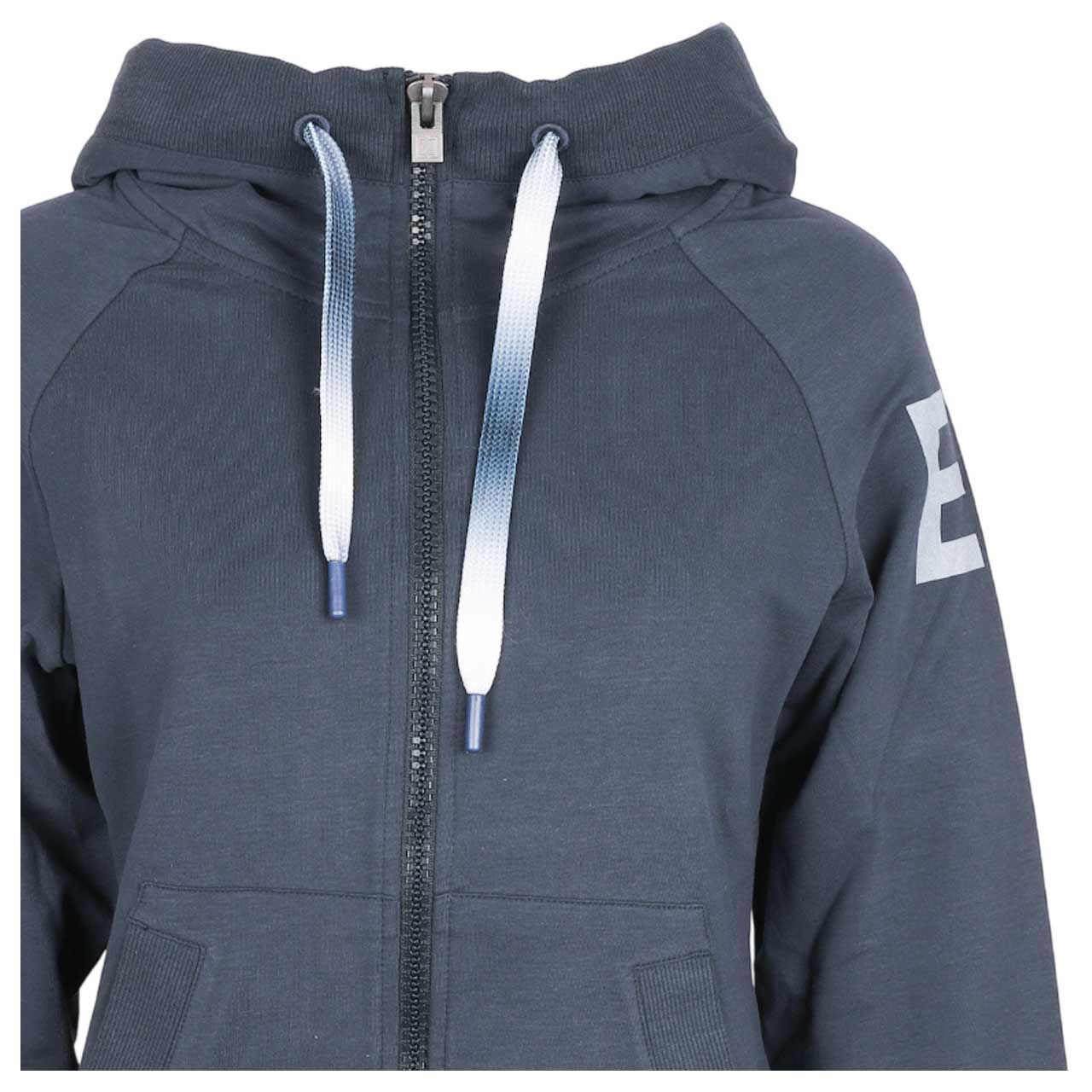 Damen Hoodie Sweatjacke Kala von Elbsand in Dunkelblau mit Print, detaillierte Vorderansicht
