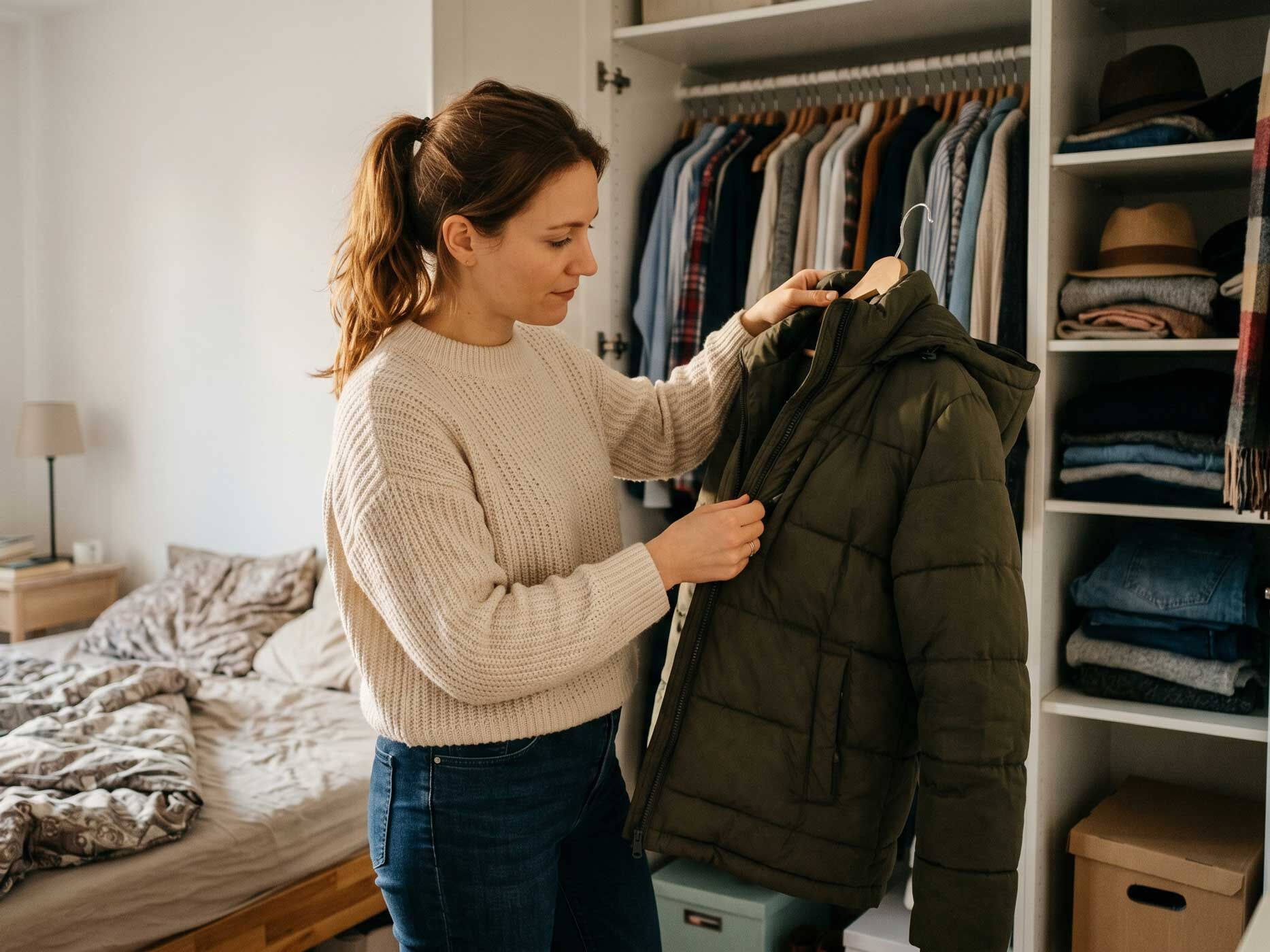 Eine Frau kontrolliert ihre Winterjacke vor dem Verstauen und prüft dabei Reißverschluss und Zustand des Materials.