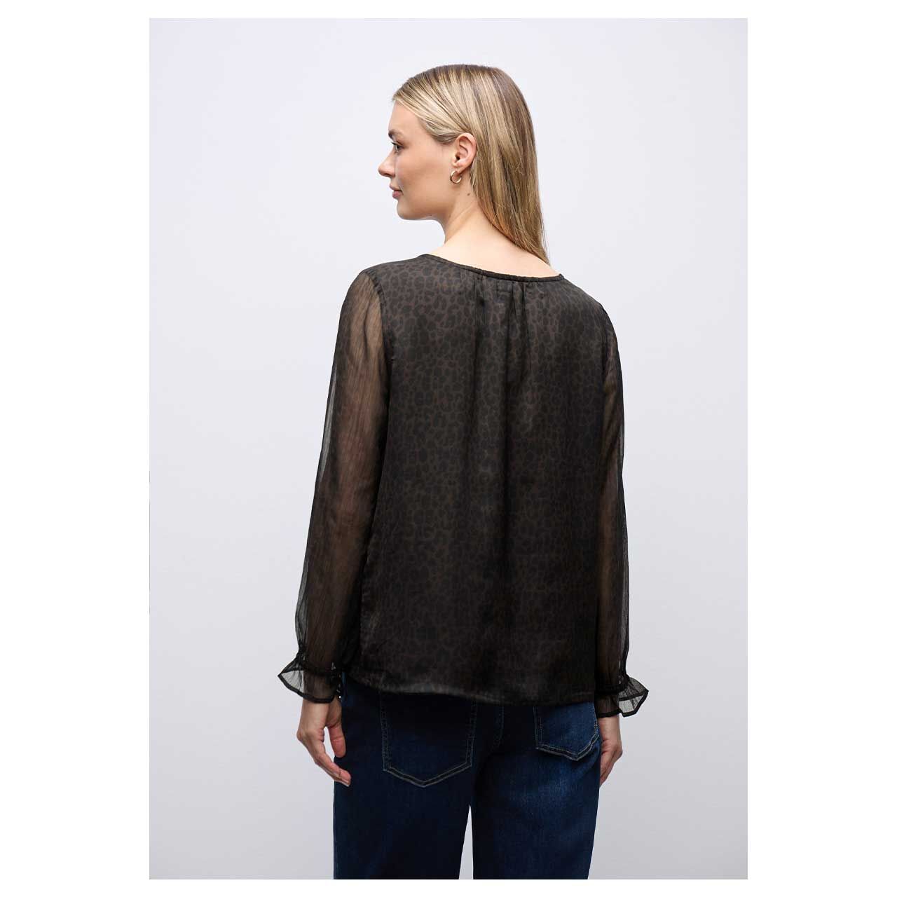 Damen Langarm Bluse Chiffon Tunic von Street One in Dunkelbraun mit Print, Rückansicht am Model