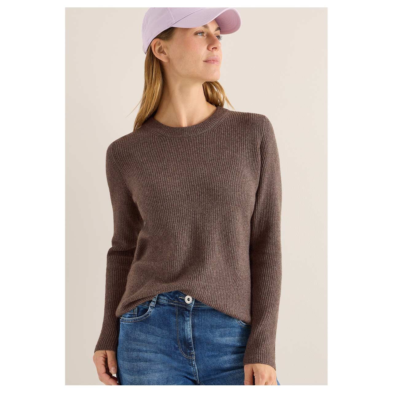 Damen Damen Pullover Cosy Rib Mix von Cecil in Braun meliert, Vorderansicht am Model