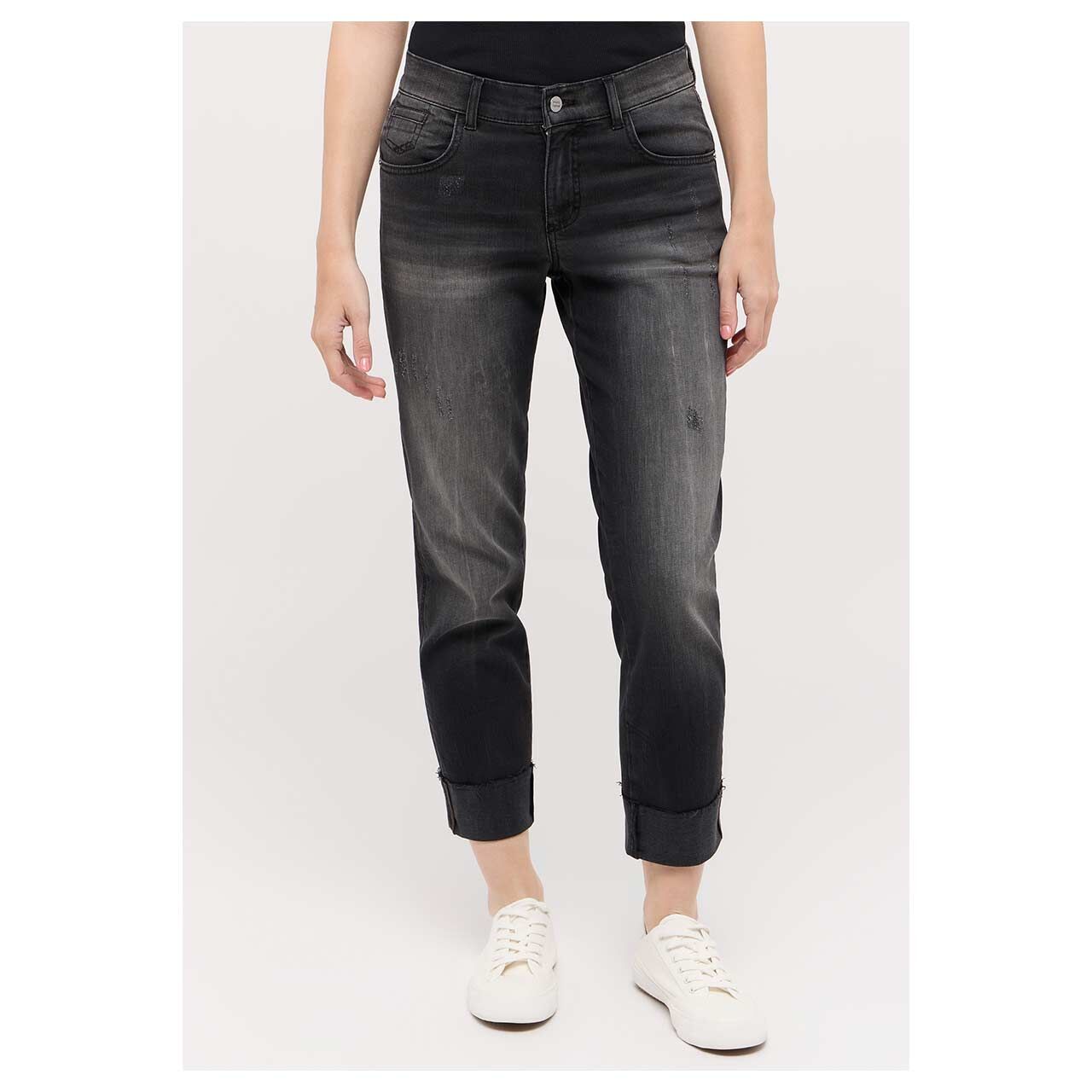Damen Ankle Jeans Darleen Crop TU Fringe von Angels in Dunkelgrau angewaschen mit Destroyed-Effekten, Vorderansicht am Model