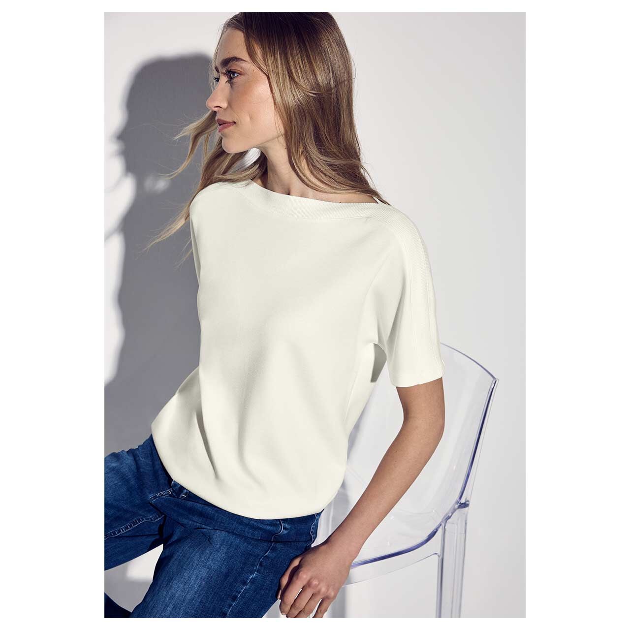 Street One Damen T-Shirt U-Boat Rib Collar off white