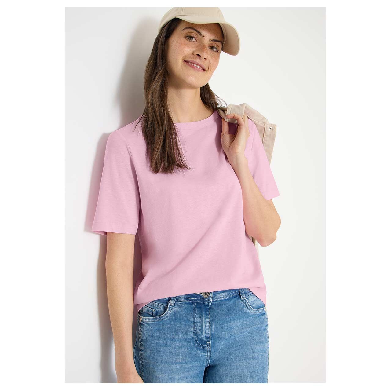Damen T-Shirt Solid Slubyarn von Cecil in Rosa meliert, Vorderansicht am Model