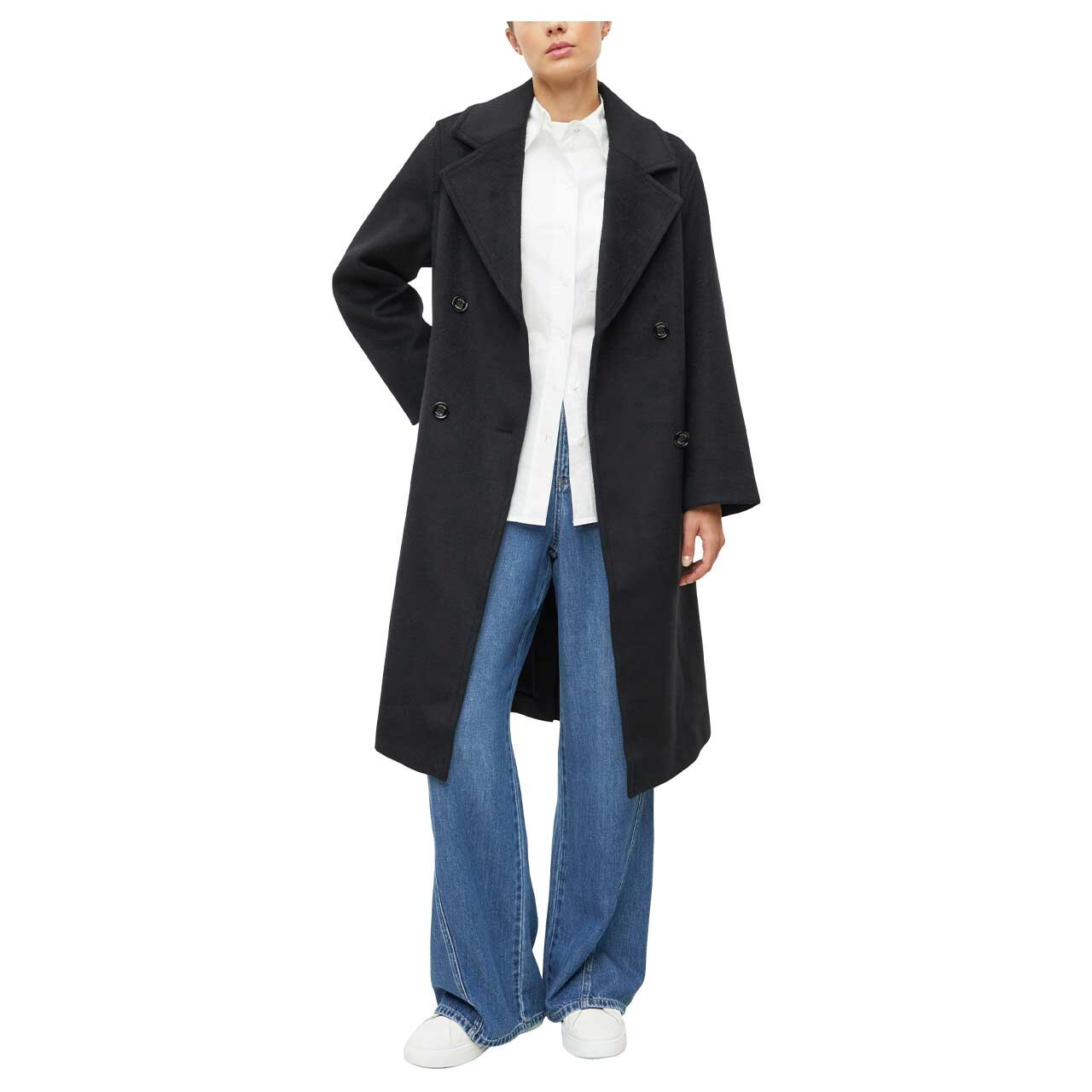 Damen Mantel von s.Oliver in Schwarz, offene Vorderansicht am Model