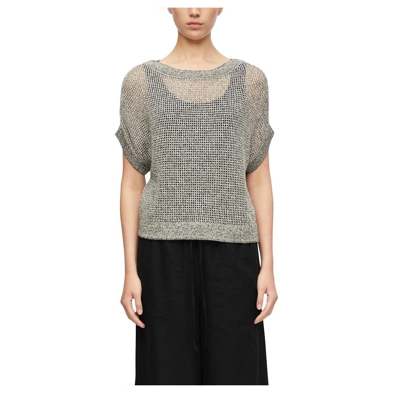 Damen Kurzarm Pullover von Comma in Schwarz-Beige, Vorderansicht am Model
