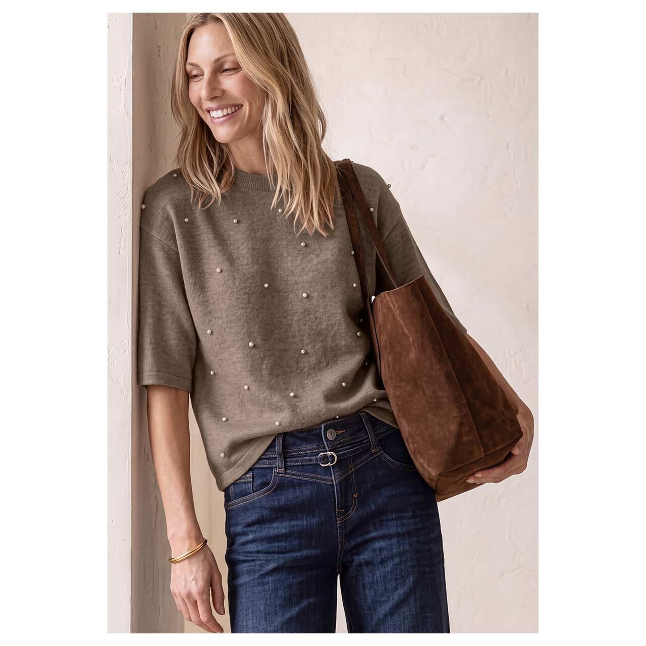 Damen 3/4 Arm Pullover Beading Sweater von Street One in Beige meliert, Vorderansicht am Model