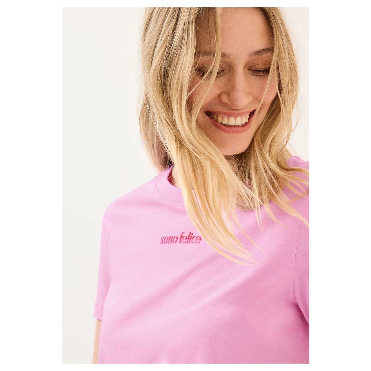 Damen T-Shirt Chest Wording von Cecil in Rosa, detaillierte Ansicht am Oberkörper