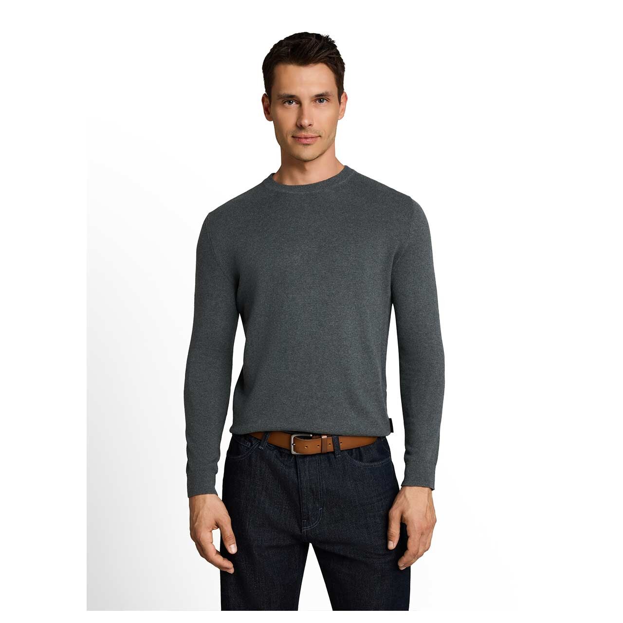 Herren Pullover Cashmere Crewneck Knit von Tom Tailor in Olivgrün meliert, Vorderansicht am Model