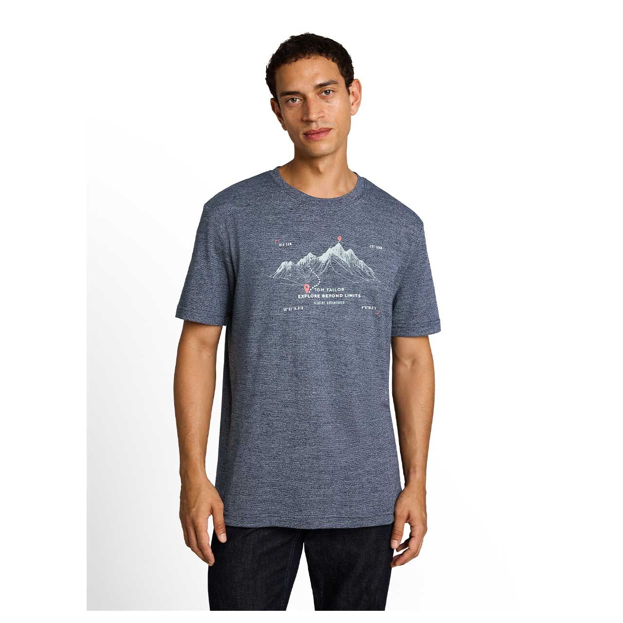 Herren T-Shirt von Tom Tailor in Dunkelblau meliert mit Print, Vorderansicht am Model