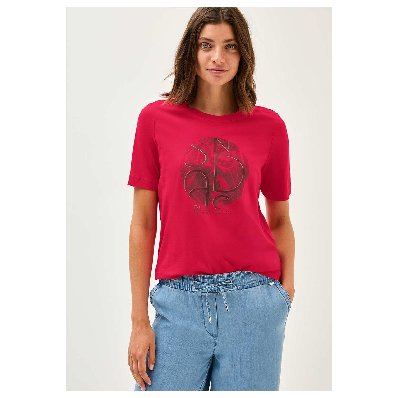 Damen T-Shirt Basic Circle von Cecil in Rot mit Print, Vorderansicht am Modell