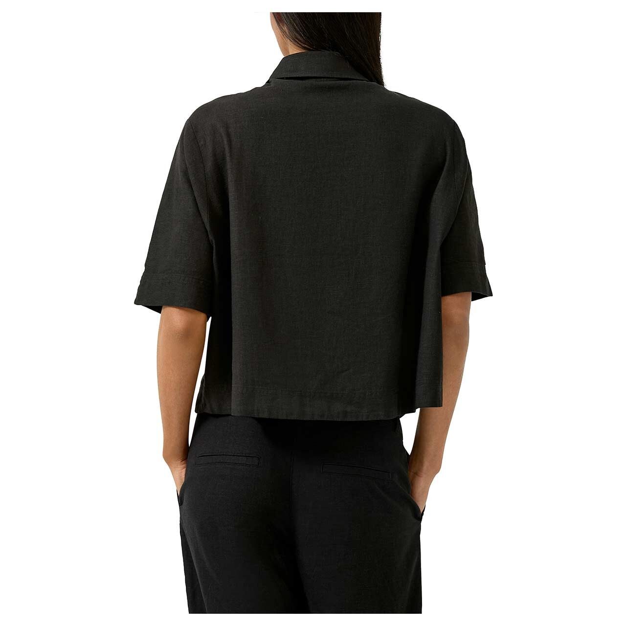 Damen Kurzarm Leinen Bluse von s.Oliver in Schwarz, Rückansicht am Model