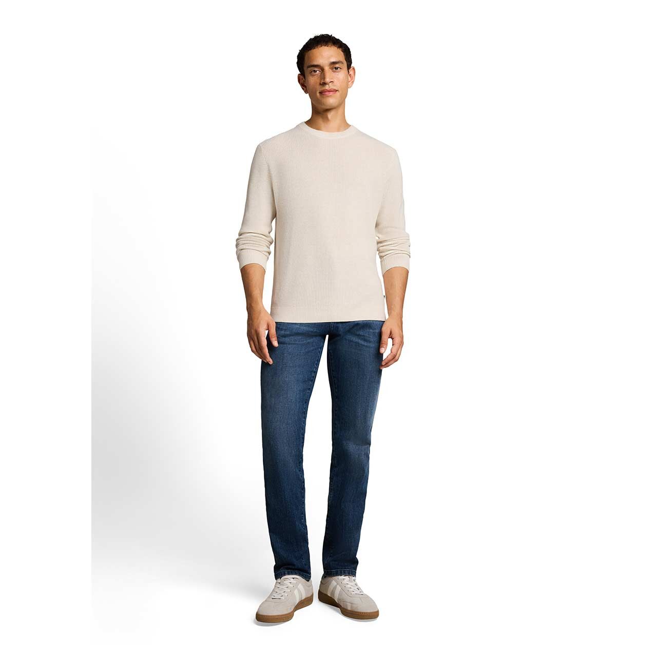 Herren Pullover Cashmere Structured Crew Knit von Tom Tailor in Cremeweiß meliert, Ganzkörperansicht