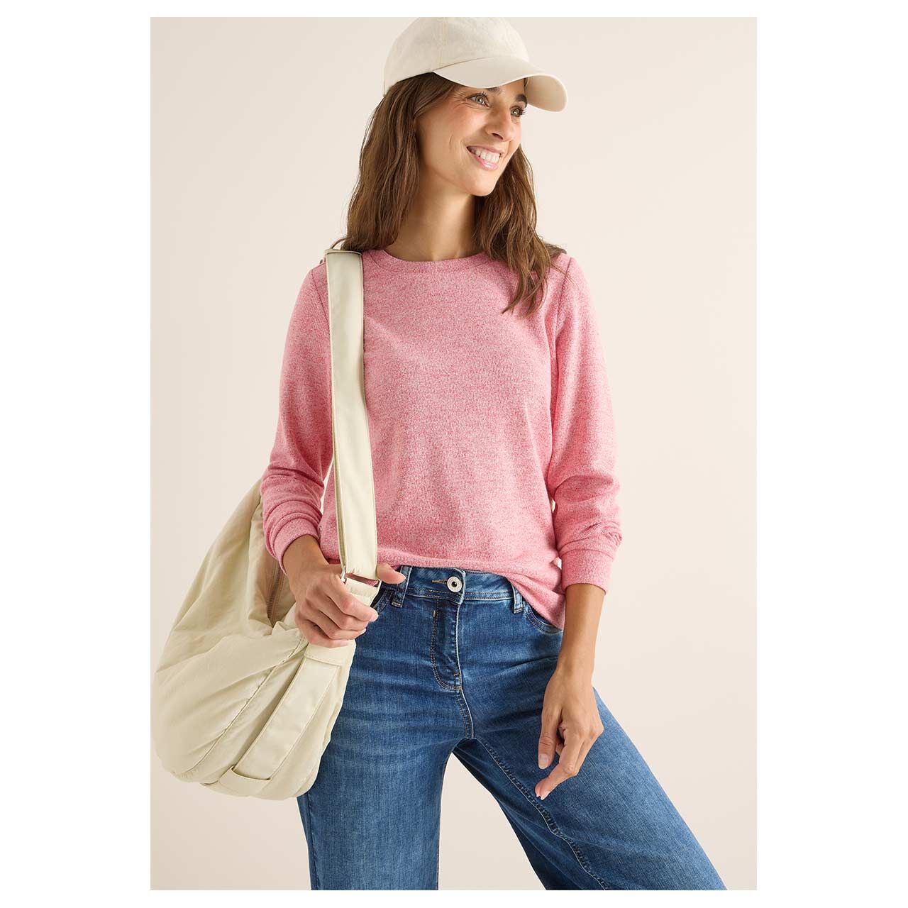 Damen Pullover Rib Button von Cecil in Hellbeige meliert, Vorderansicht am Model
