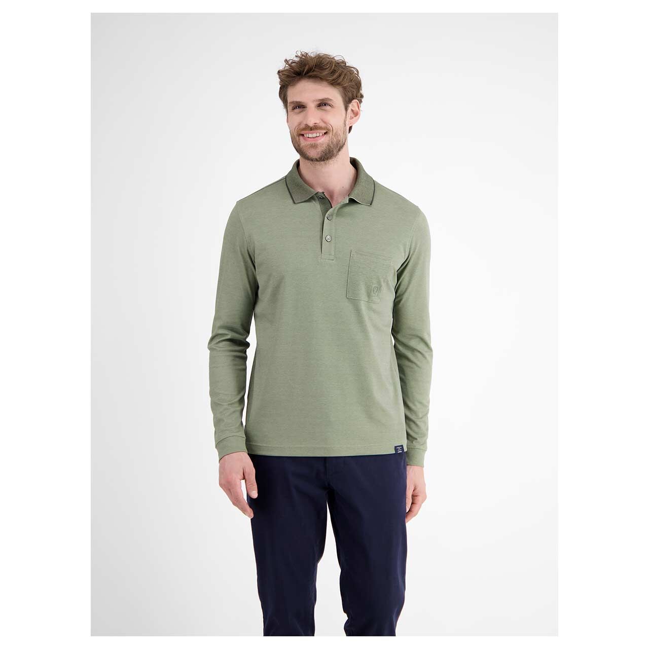 Herren Polo Langarm Shirt von Lerros in Grün, Vorderansicht am Model