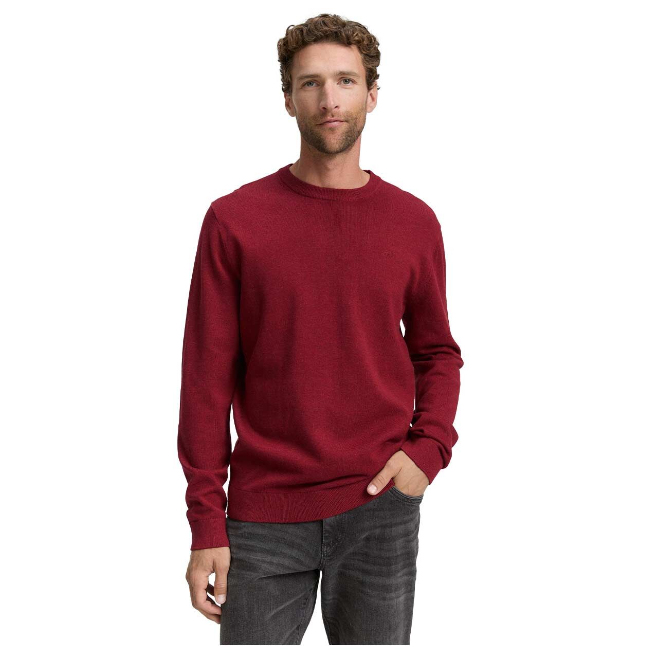 Herren Pullover Basic Crewneck Knit von Tom Tailor in Dunkelrot meliert, Vorderansicht am Model