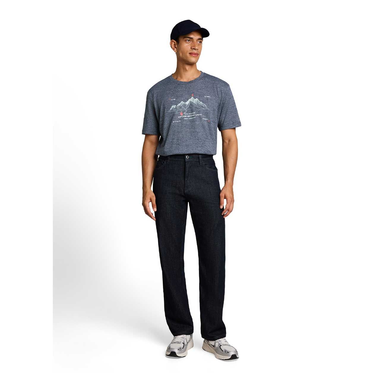 Herren T-Shirt von Tom Tailor in Dunkelblau meliert mit Print, Ganzkörperansicht