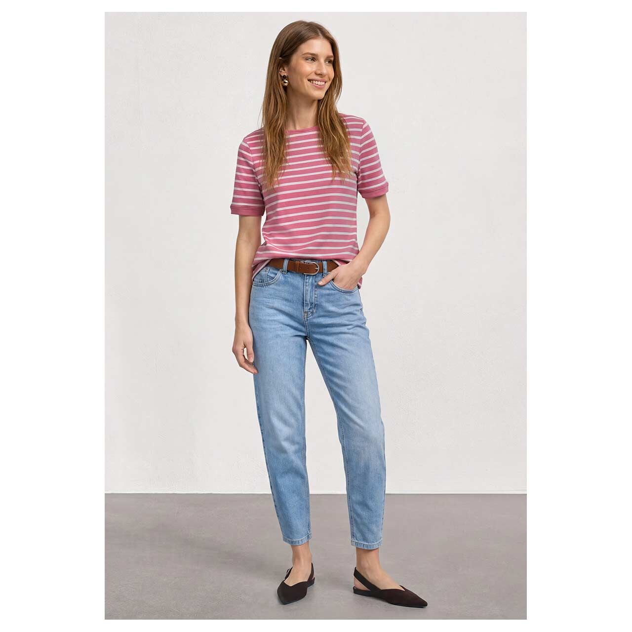 Damen T-Shirt Basic U-Boat von Street One in Pink gestreift, Ganzkörperansicht am Model