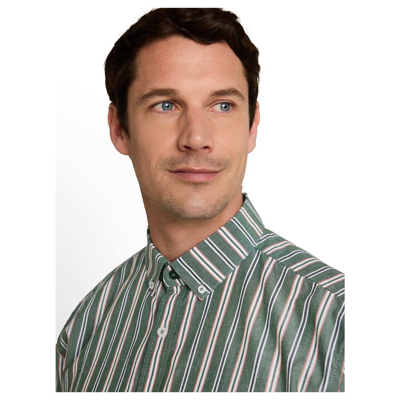 Herren 1/2 Arm Hemd Oxford von Tom Tailor in Grün gestreift, detaillierte Vorderansicht am Model
