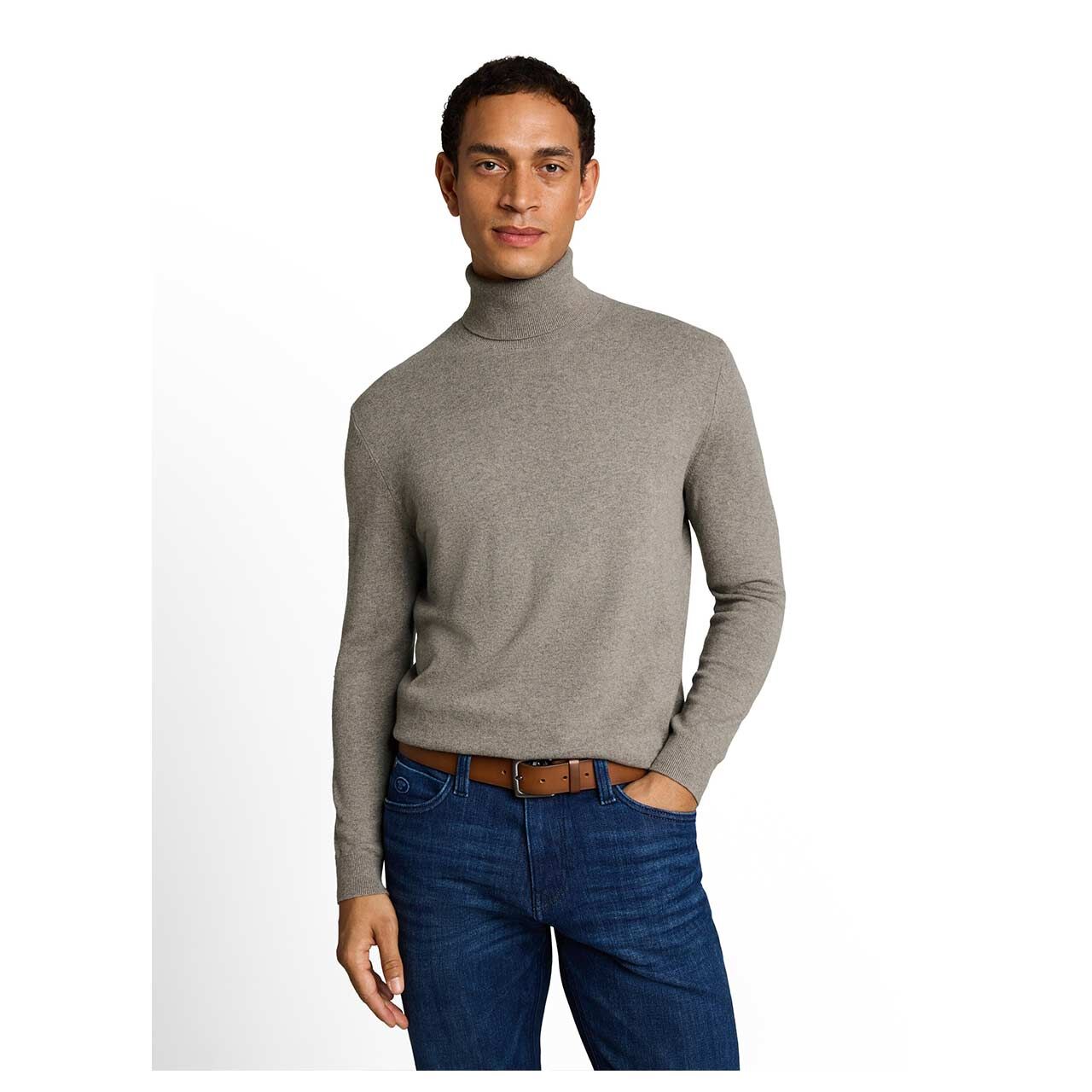 Herren Rollkragen Pullover Cashmere Turtleneck Knit von Tom Tailor in Greige meliert, Vorderansicht am Model