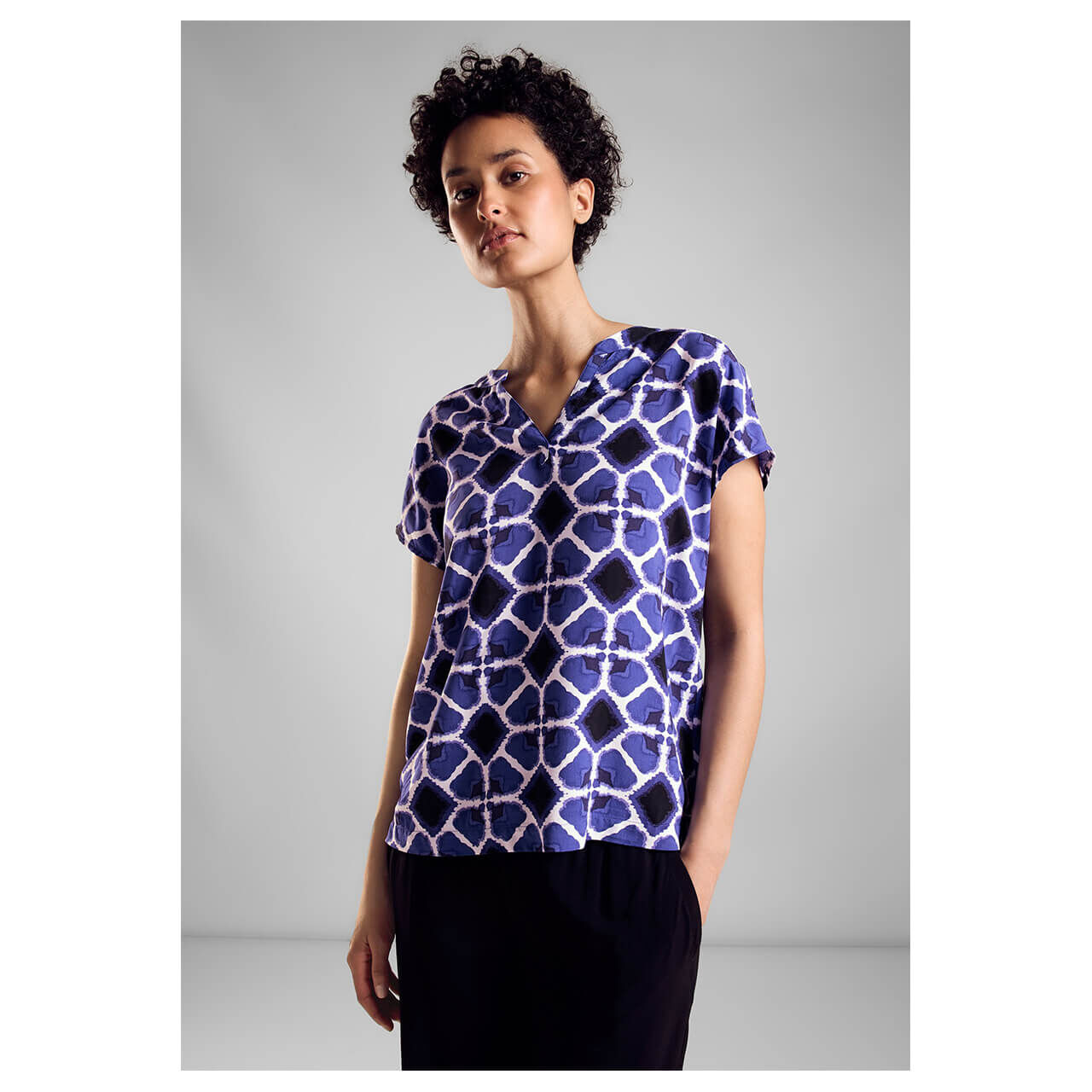 Street One Damen Kurzarm Bluse Splitneck violet blue