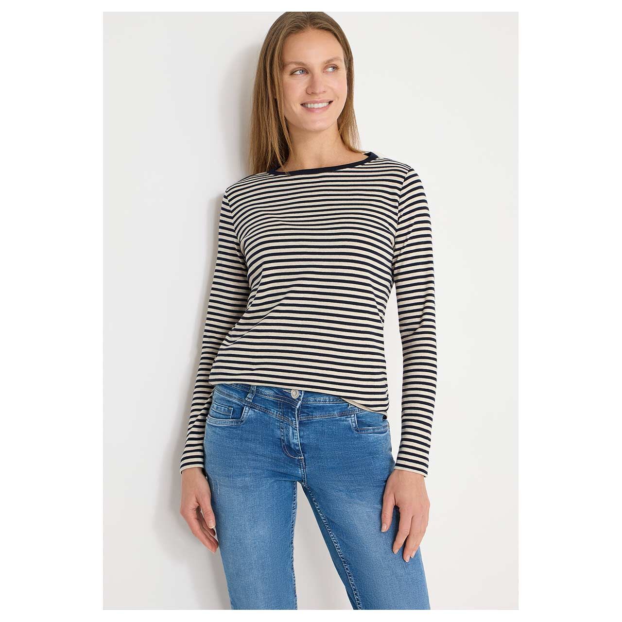 Damen Langarm Shirt Basic Melange Stripe von Cecil in Dunkelblau gestreift, Vorderansicht am Model