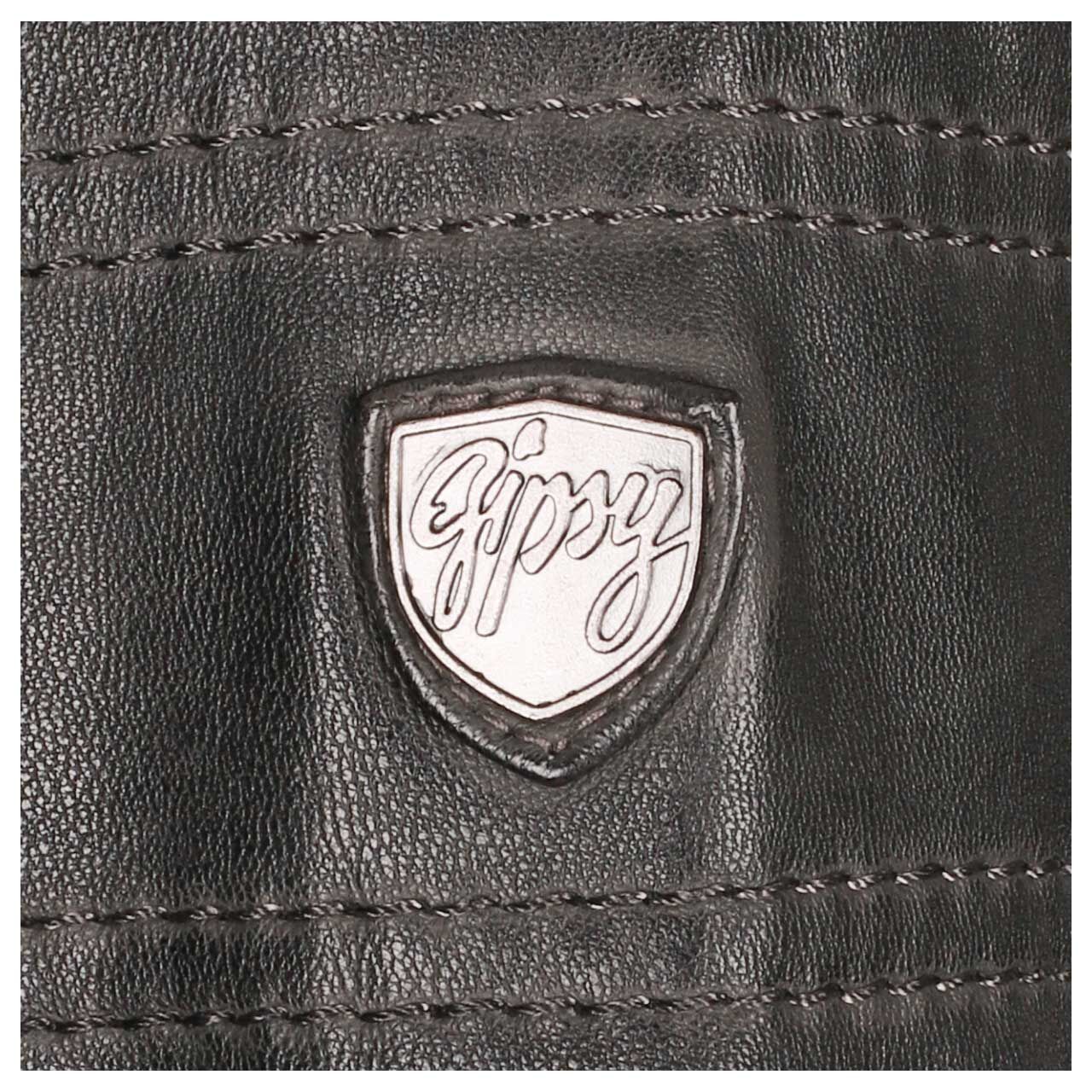 Detailansicht des Logos auf dem Ärmel der Herren Lederjacke Rylo Lakev von Mauritius in Dunkelgrau