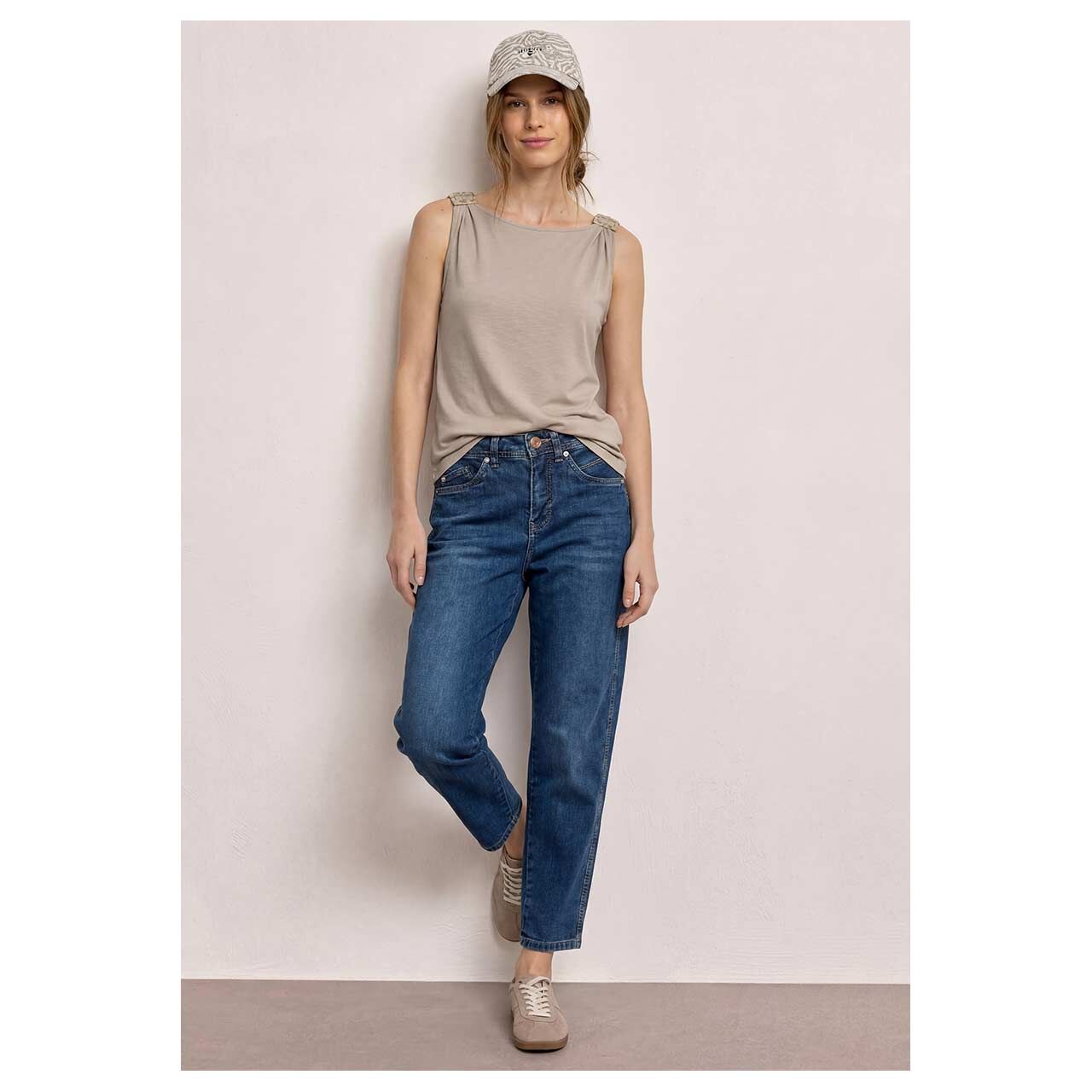 Damen Top Jersey von Street One in Beige meliert, Ganzkörperansicht am Model