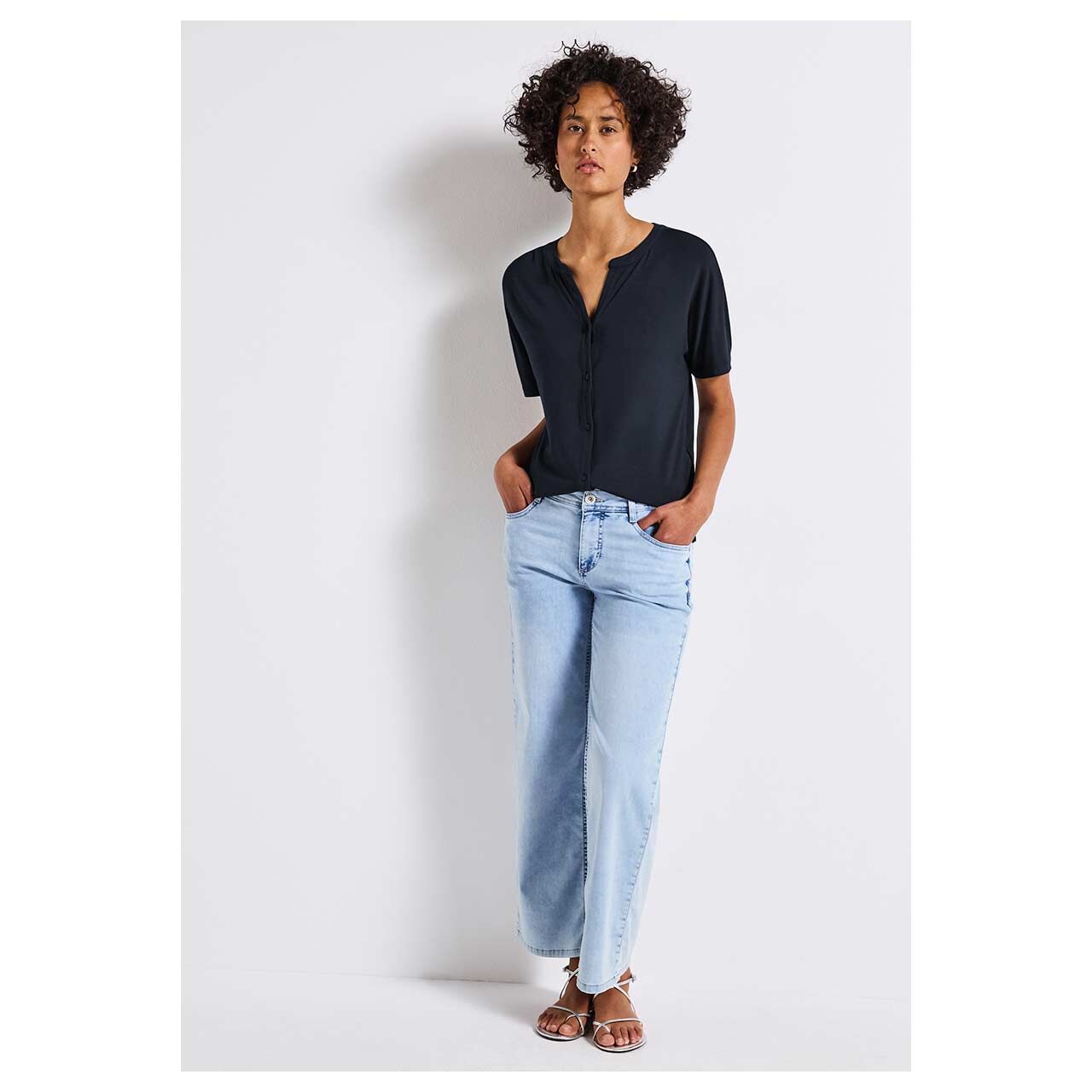 Damen Kurzarm Shirtjacke Jersey Tunic von Street One in Dunkelblau , Ganzkörperansicht