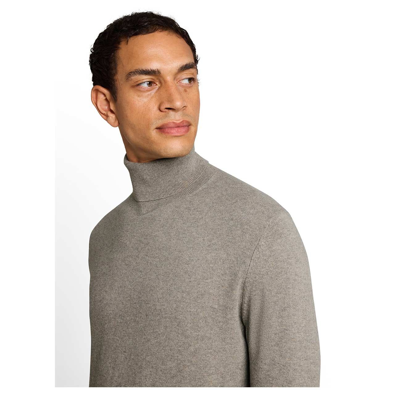 Herren Rollkragen Pullover Cashmere Turtleneck Knit von Tom Tailor in Greige meliert, Detailansicht am Model