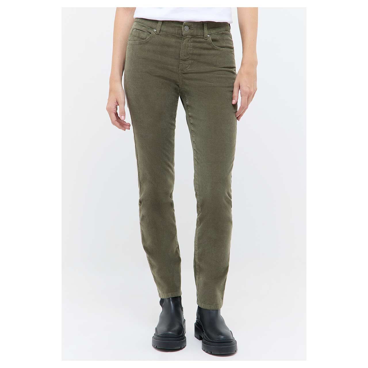 Stretch Damen Cordhose Cici von Angels in Olivgrün, Vorderansicht am Model