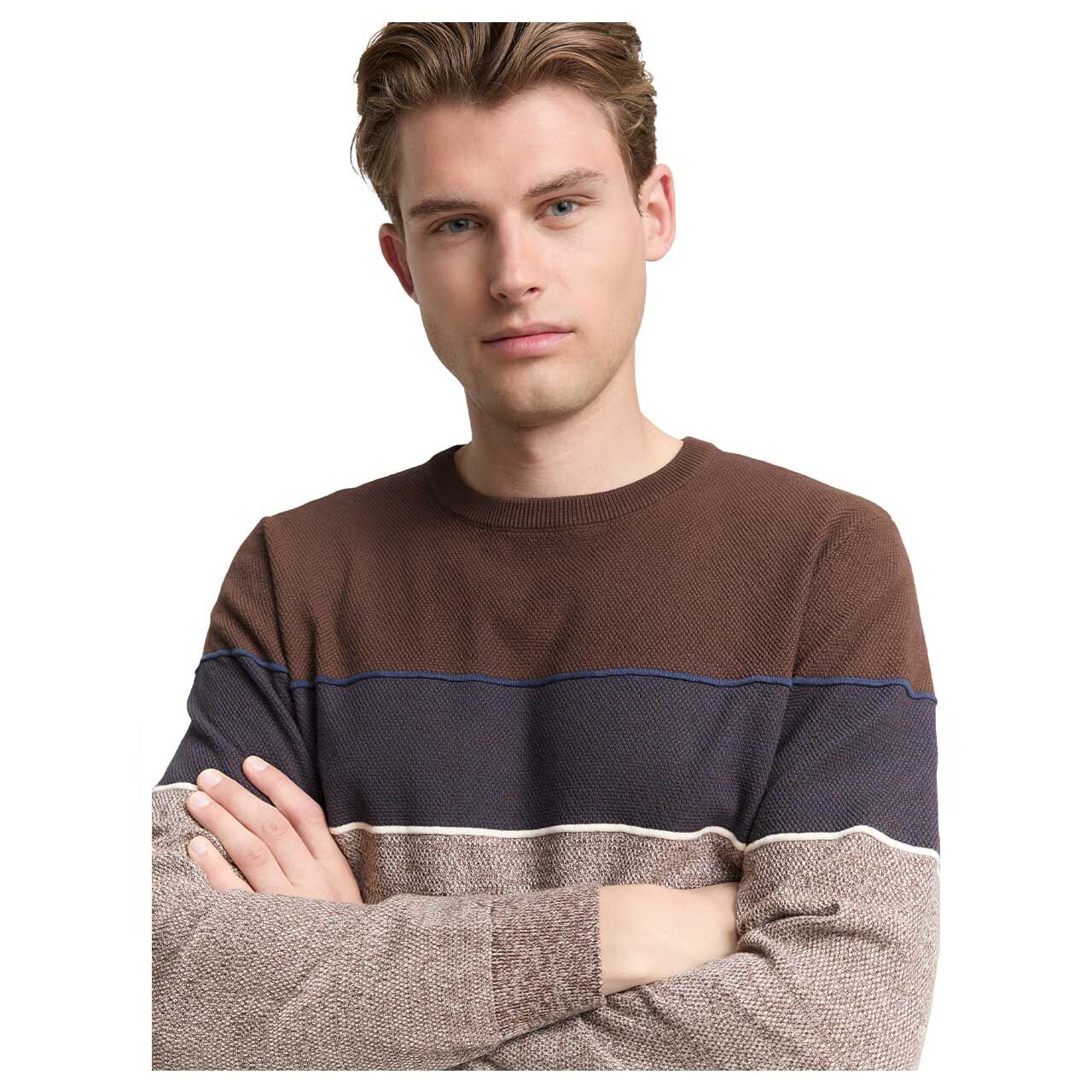Herren Pullover Knit Crewneck von Tom Tailor in Braun gestreift, detaillierte Seitenansicht am Model