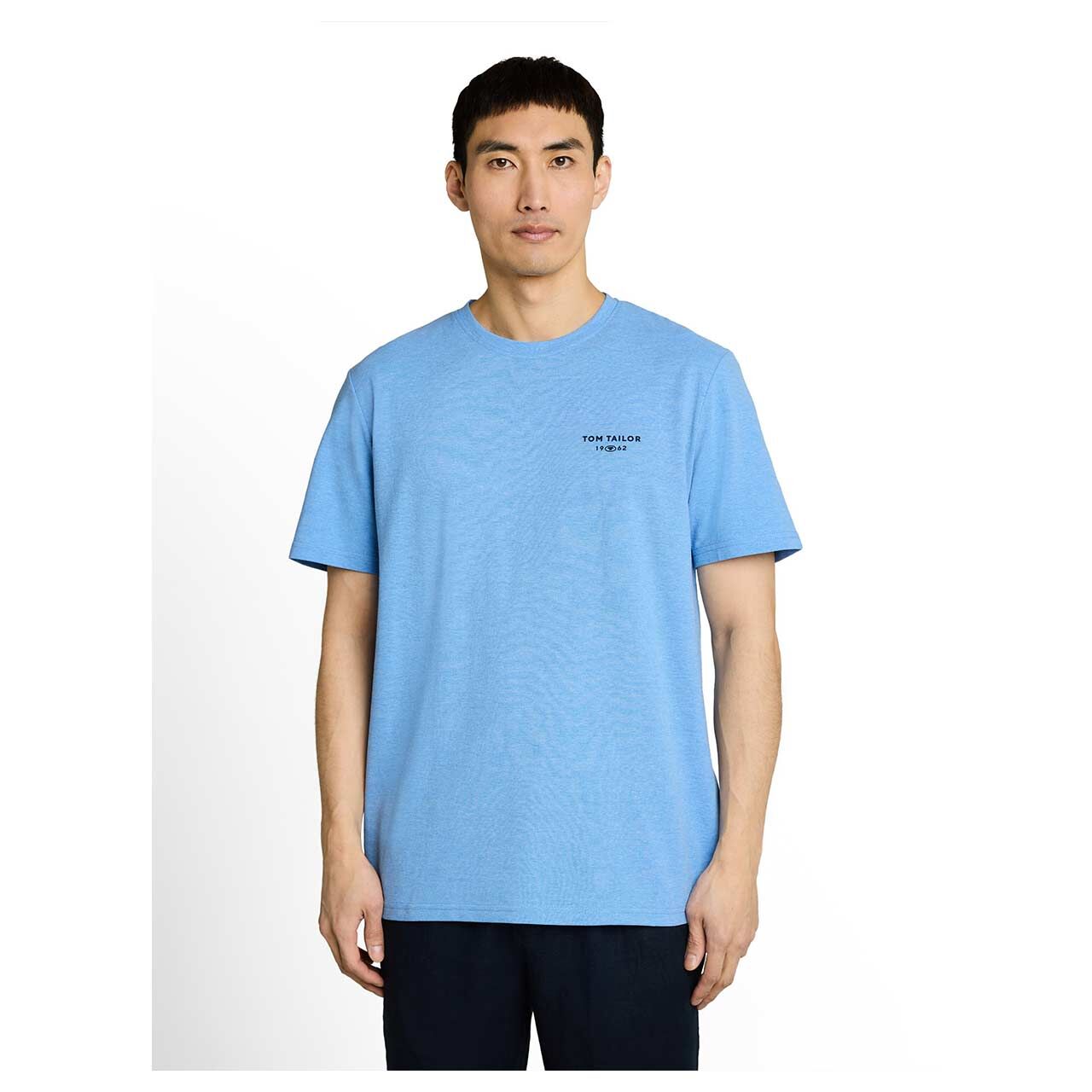 Herren Piqué T-Shirt von Tom Tailor in Blau meliert, Vorderansicht am Model