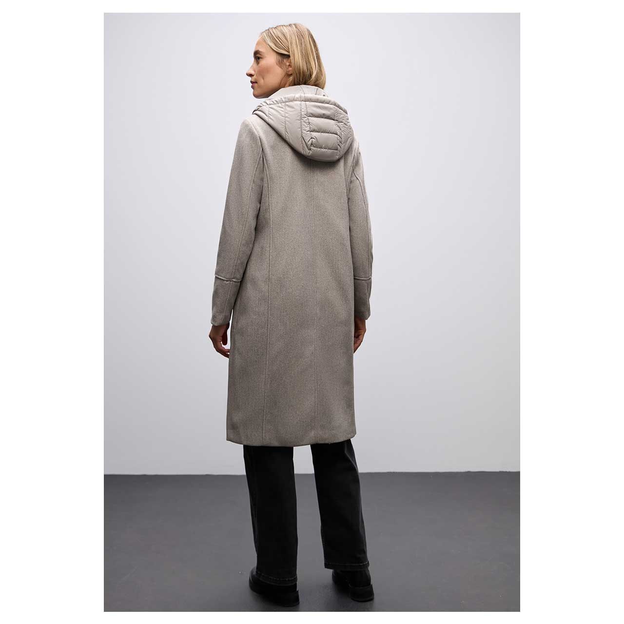 Damen Mantel Long Revers Coat von Street One in Greige meliert, Rückansicht am Model