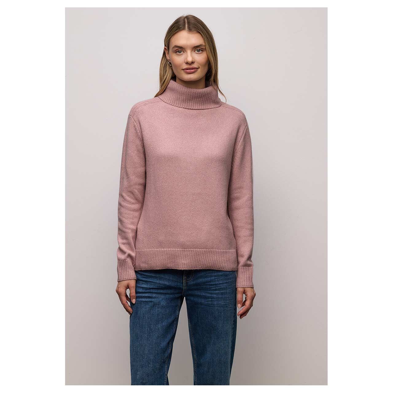 Damen Rollkragen Pullover Cosy Sweater von Street One in Rosa meliert, Vorderansicht am Model