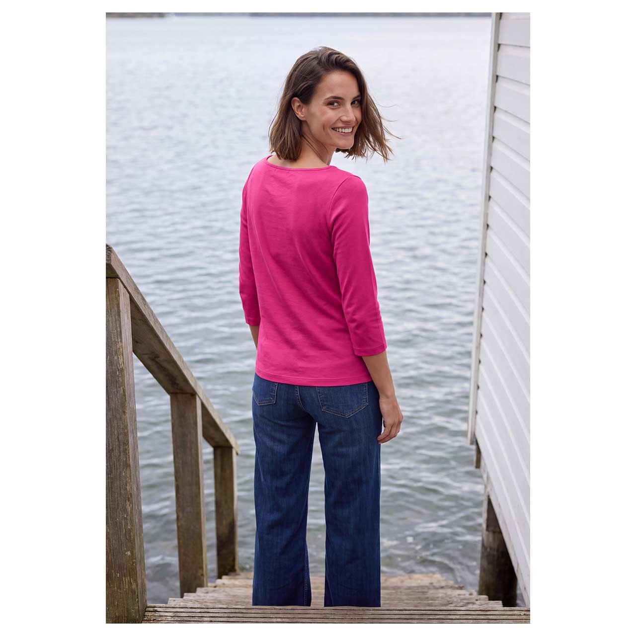 Damen 3/4 Arm Shirt Basic Boatneck von Cecil in Pink, Rückansicht am Model