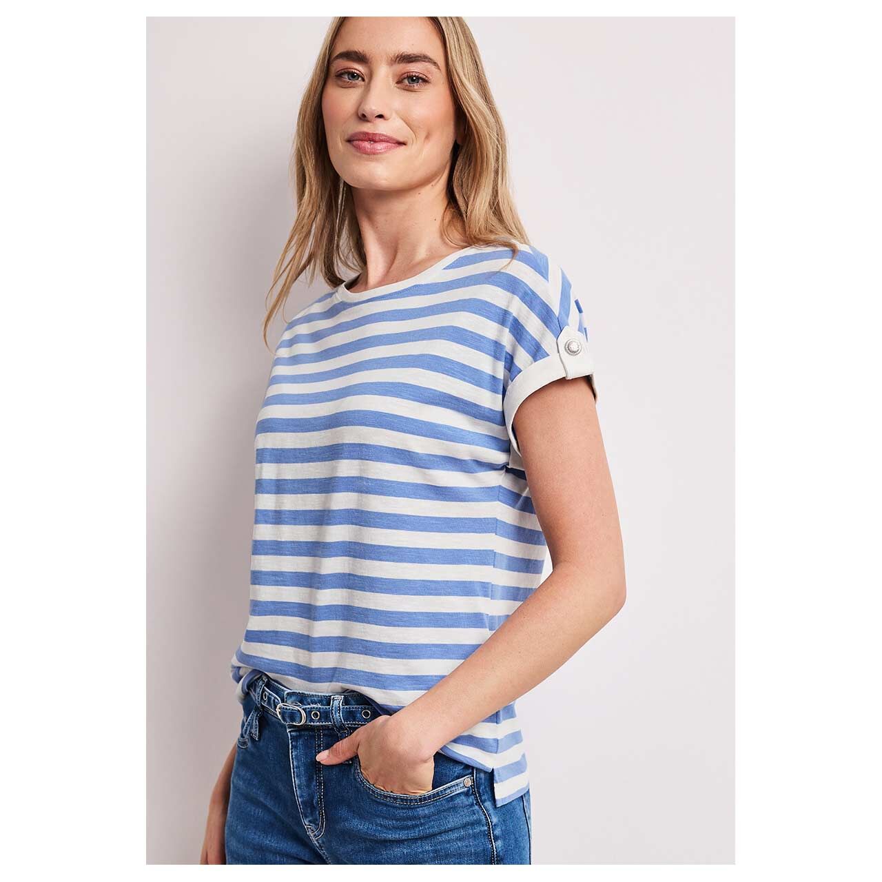 Damen T-Shirt Basic Deco Buttons von Street One in Hellblau gestreift, Vorderansicht am Model
