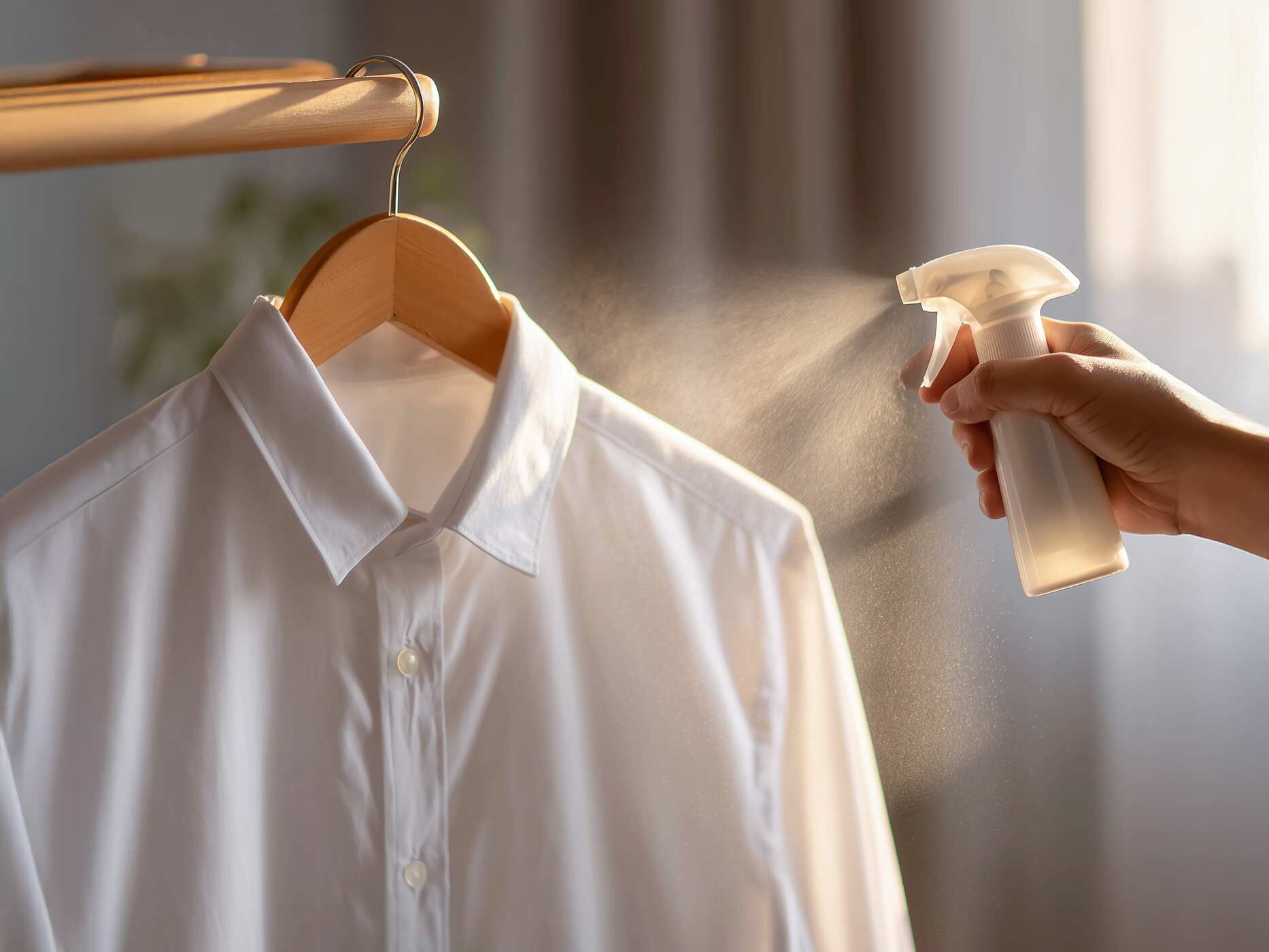 Ein weißes Hemd wird mit einer Flüssigkeit aus einer Sprühflasche besprüht.