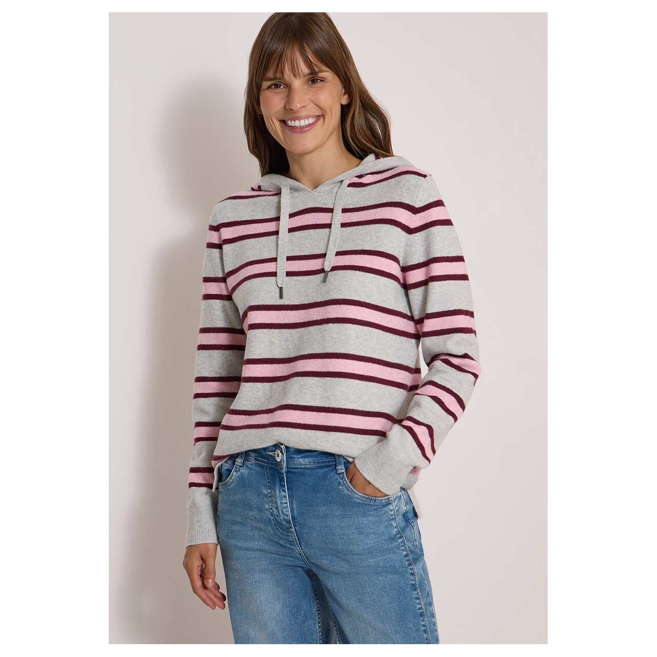 Damen Hoodie Pullover Cosy Striped von Cecil in Hellgrau gestreift, Vorderansicht am Model