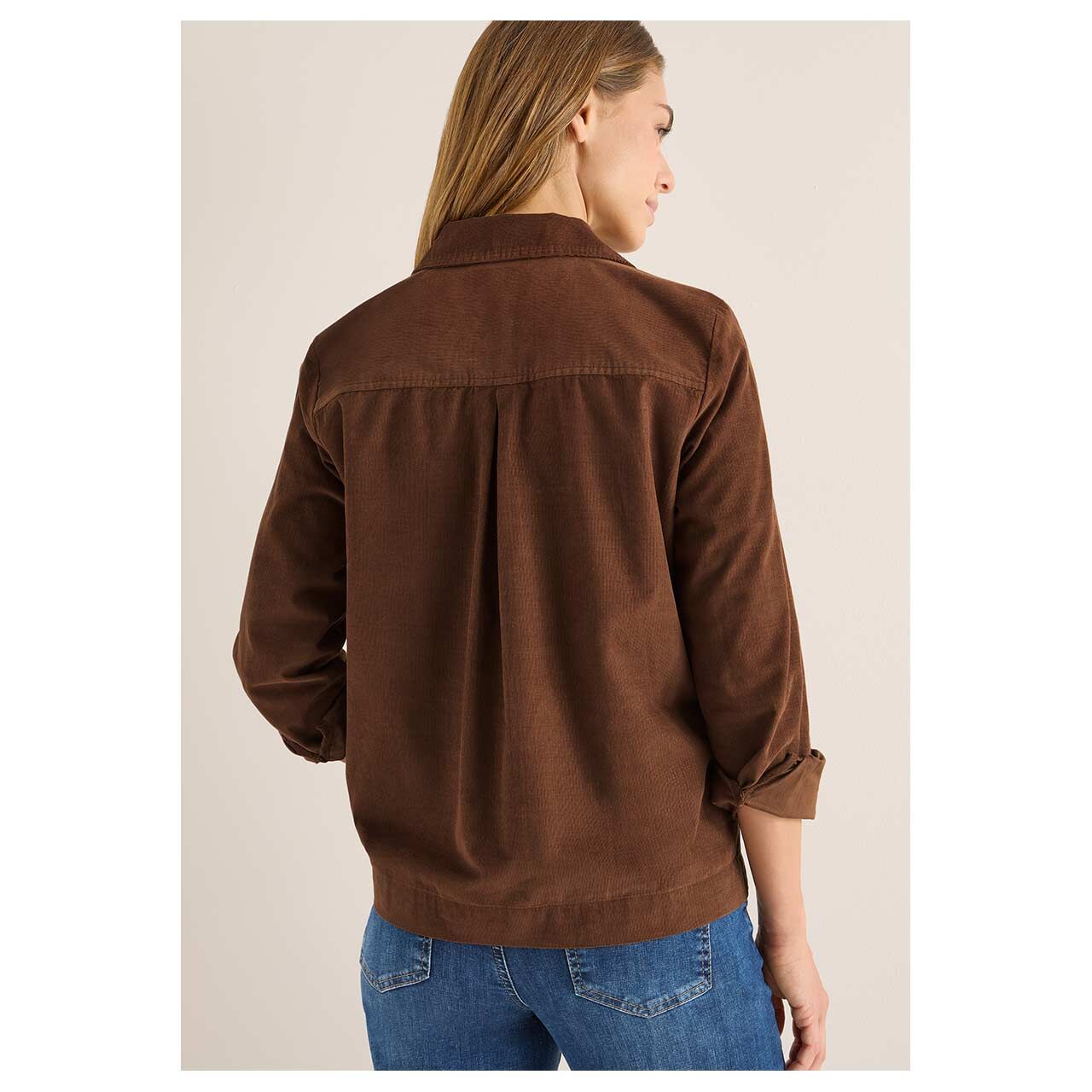 Damen Langarm Cord Bluse Solid Corduroy von Cecil in Braun, Rückansicht am Model