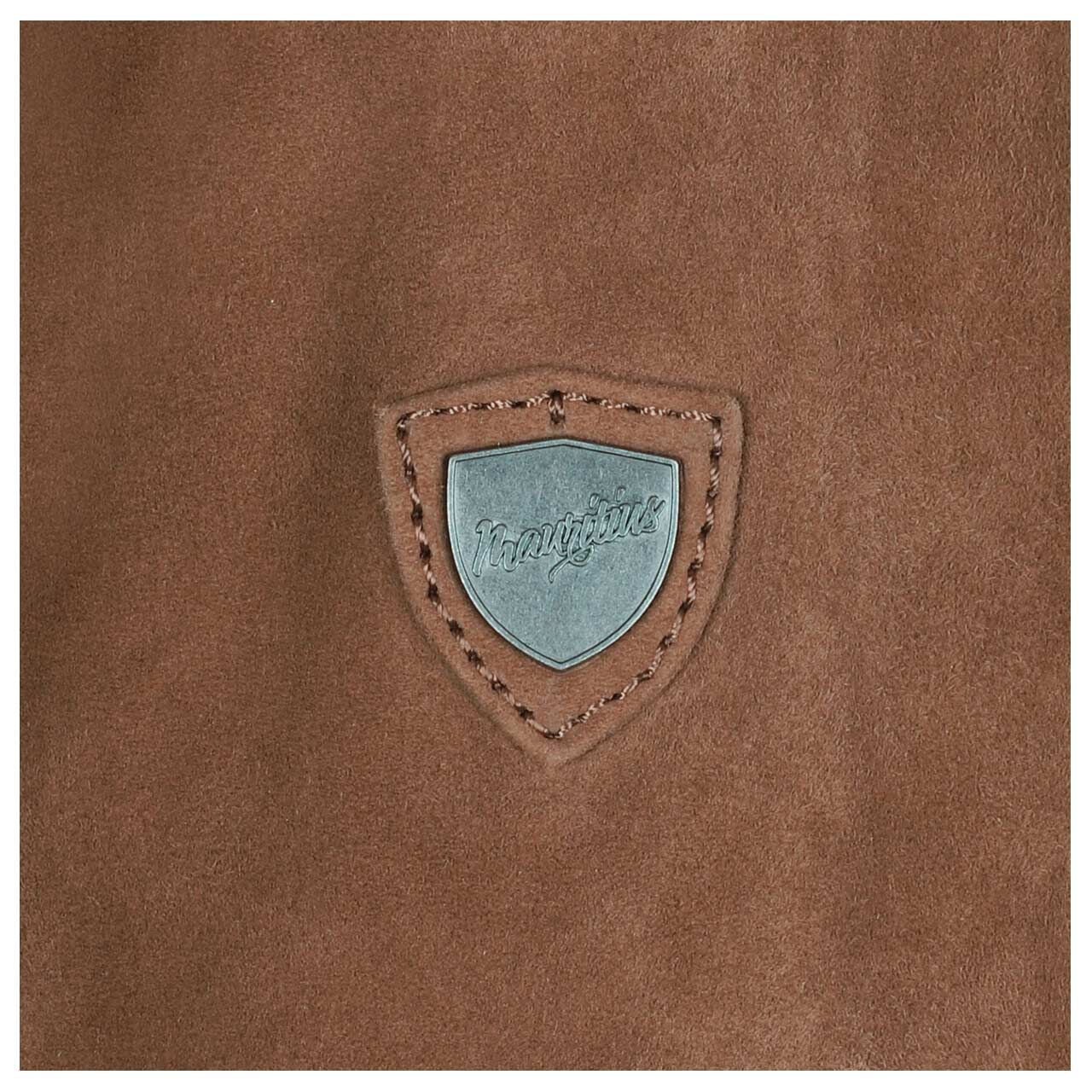 Herren Lederjacke Kolmo von Mauritius in Cognacbraun, Detailansicht Logo