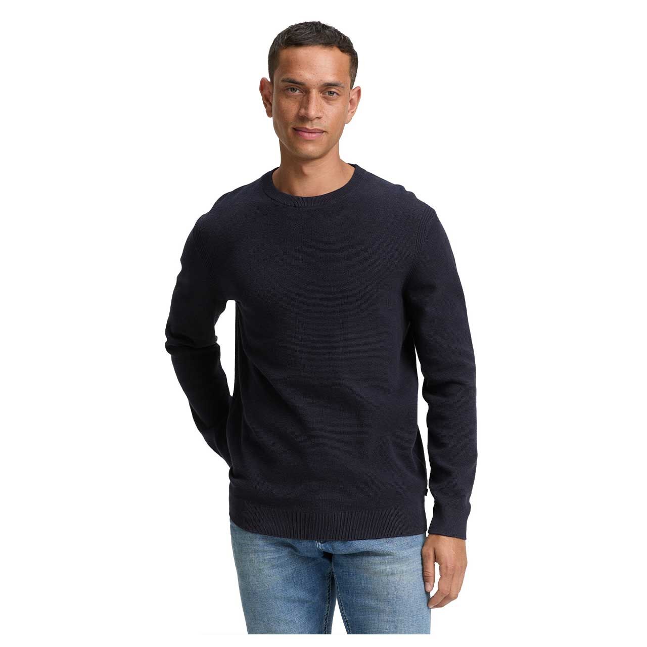 Herren Pullover Structured Crewneck Knit von Tom Tailor in Dunkelblau meliert, Vorderansicht am Model