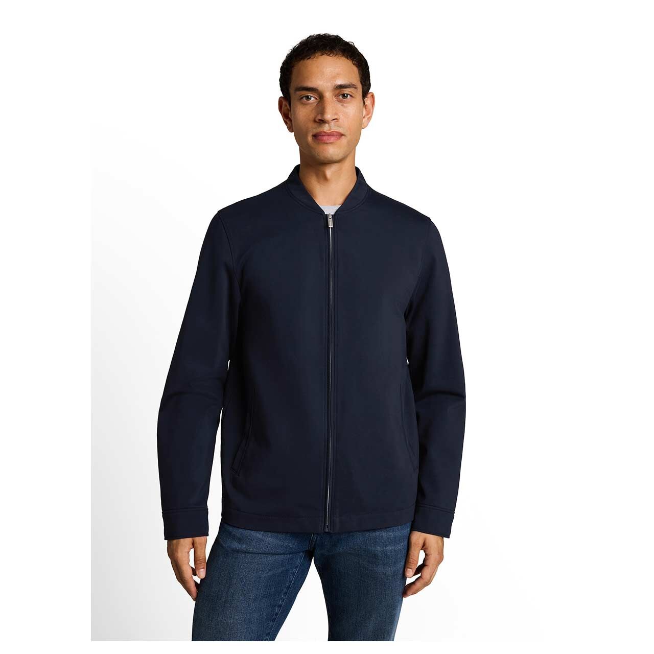 Herren Jacke Structured Bomber Jacket von Tom Tailor in Dunkelblau, Vorderansicht am Model