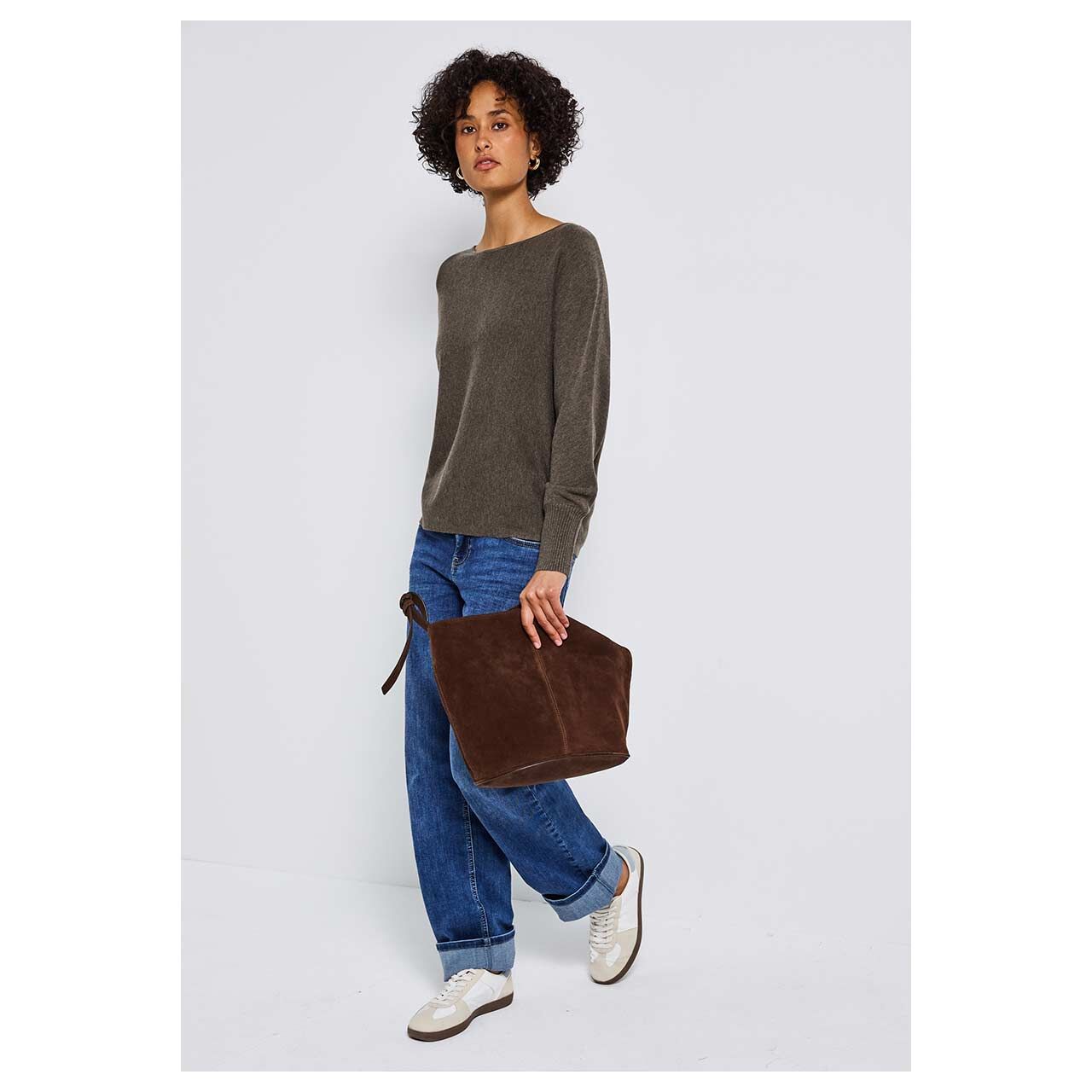 Damen Pullover U-Boat Dolman von Street One in Braun meliert, Ganzkörperansicht am Model