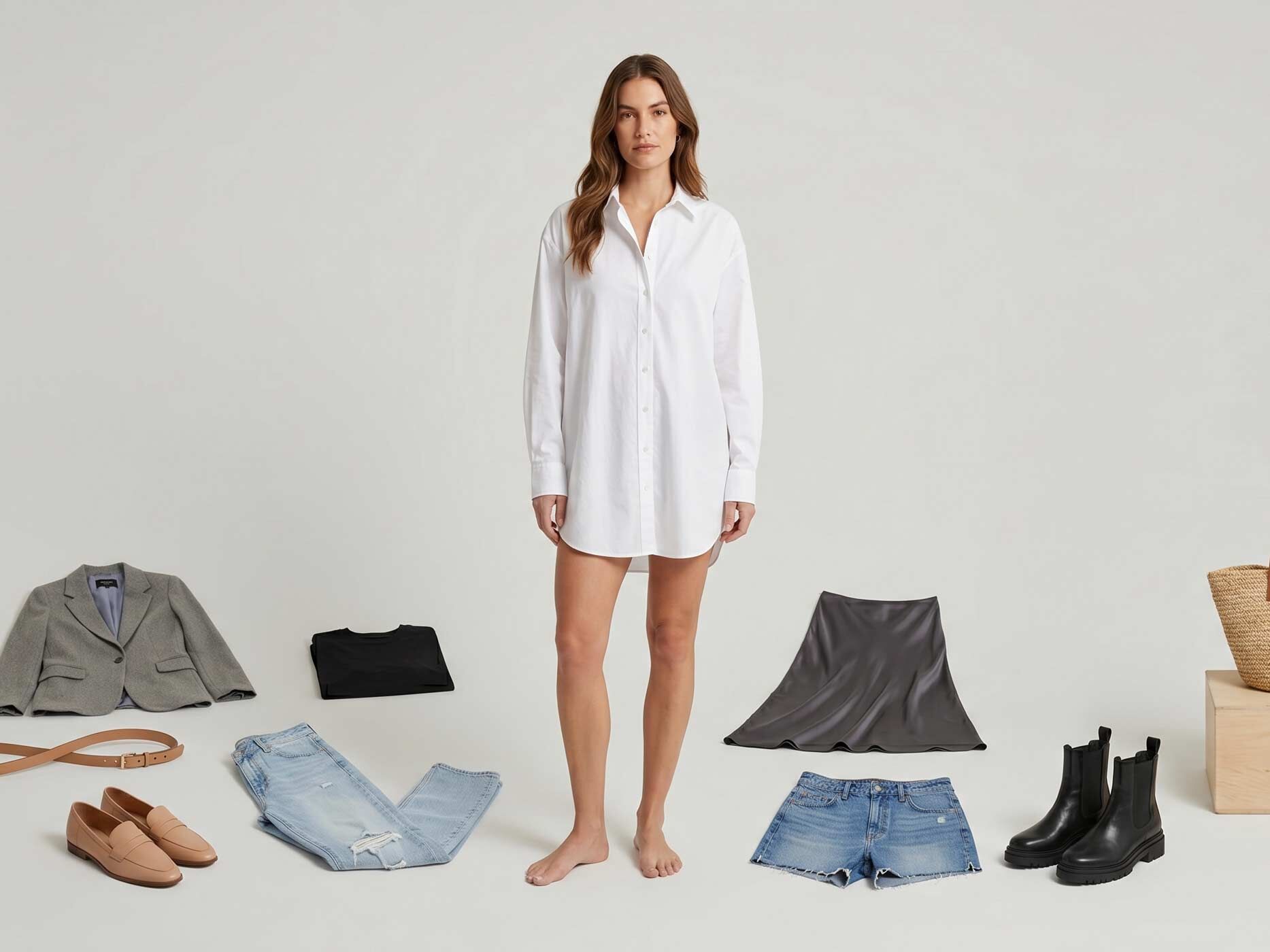 Eine Frau tr&auml;gt eine wei&szlig;e Oversized Bluse und um sie herum liegen verschiedene Outfit Optionen zum Kombinieren wie Jeans, Rock und Blazer auf dem Boden.