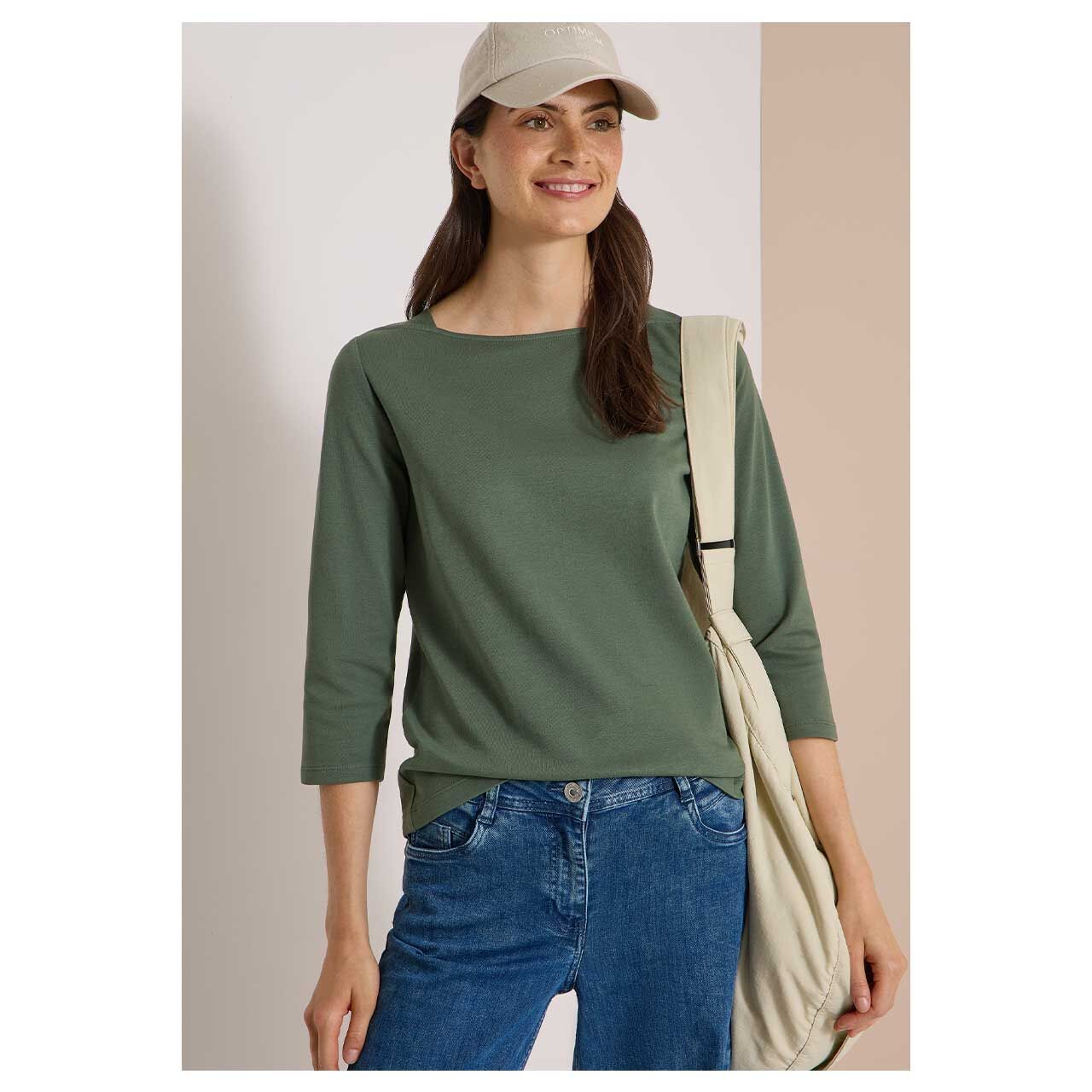 Damen 3/4 Arm Shirt Basic Boatneck von Cecil in Olivgrün, Vorderansicht am Model