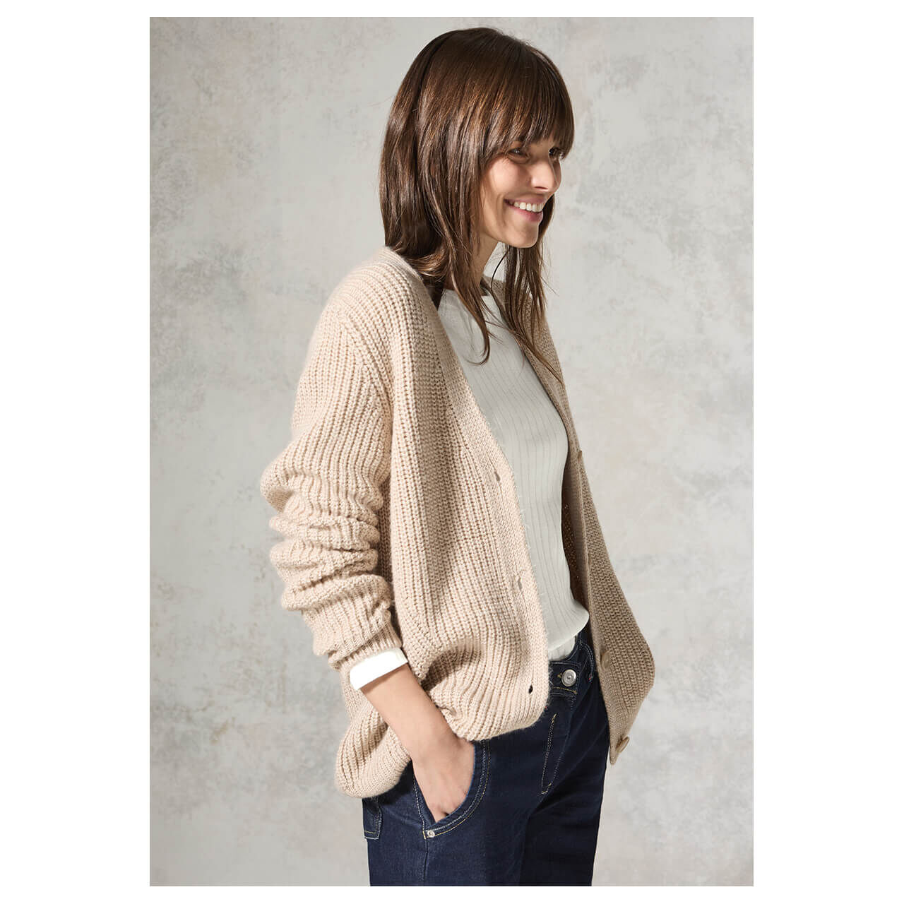 Cecil Damen Langarm Shirt Solid Rib Basic vanilla white