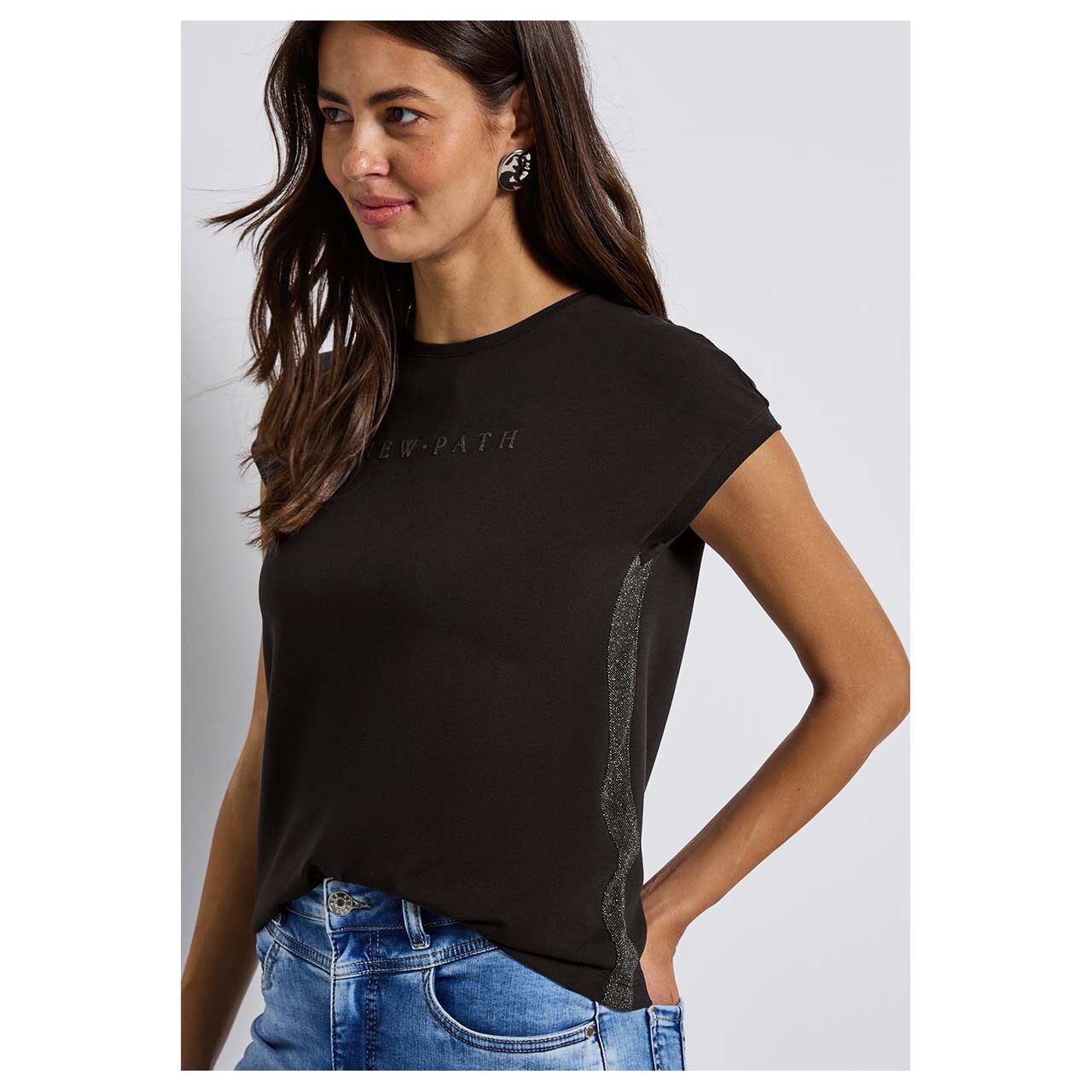 Damen T-Shirt Wording von Street One in Dunkelbraun, detaillierte Vorderansicht