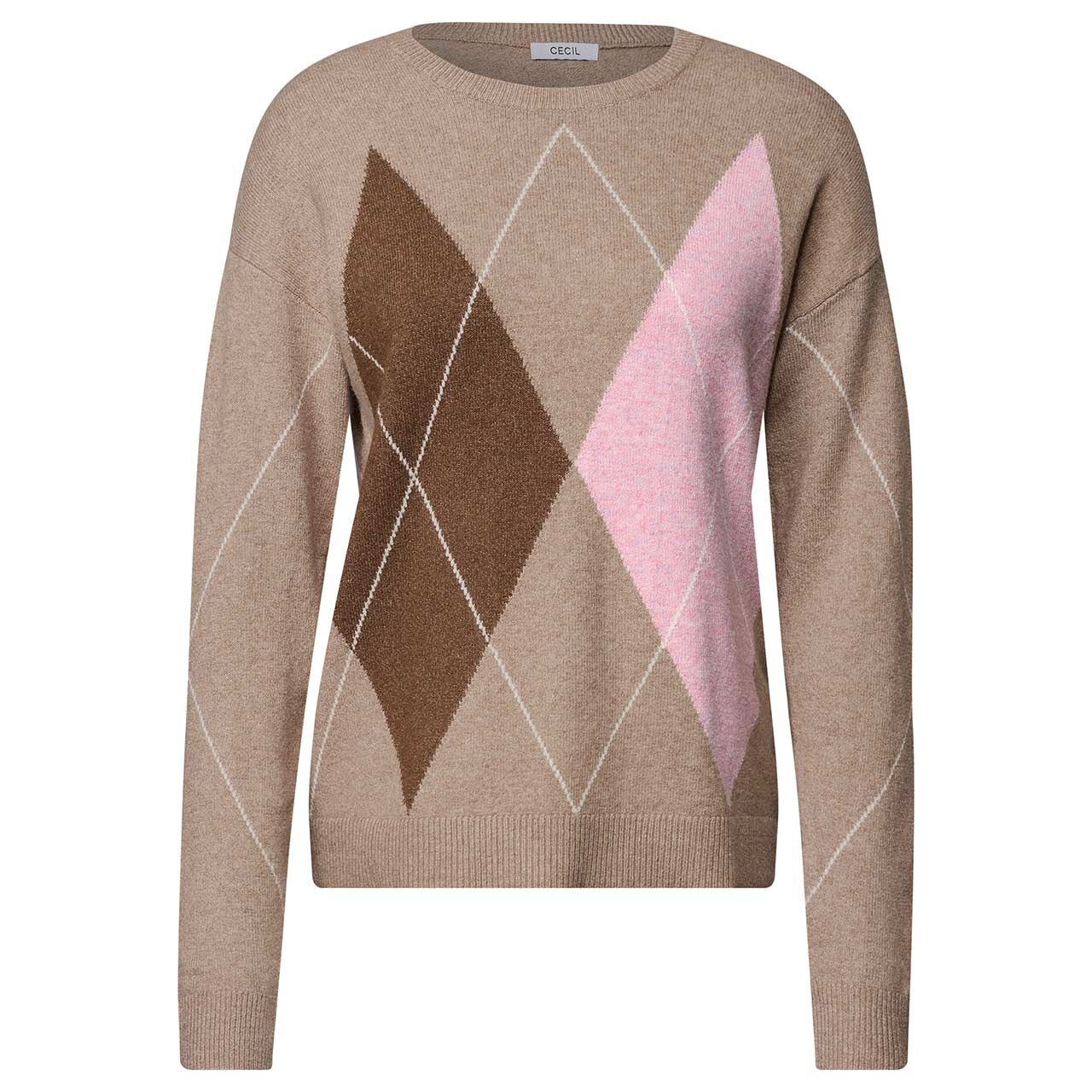 Cecil Damen Pullover Big Argyle Cosy Round Neck Sweater creamy mocha melange