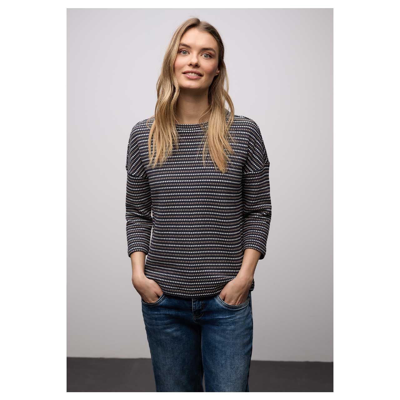 Damen 3/4 Arm Pullover von Street One Multicolor Knit Look in Dunkelblau mit Print, Vorderansicht